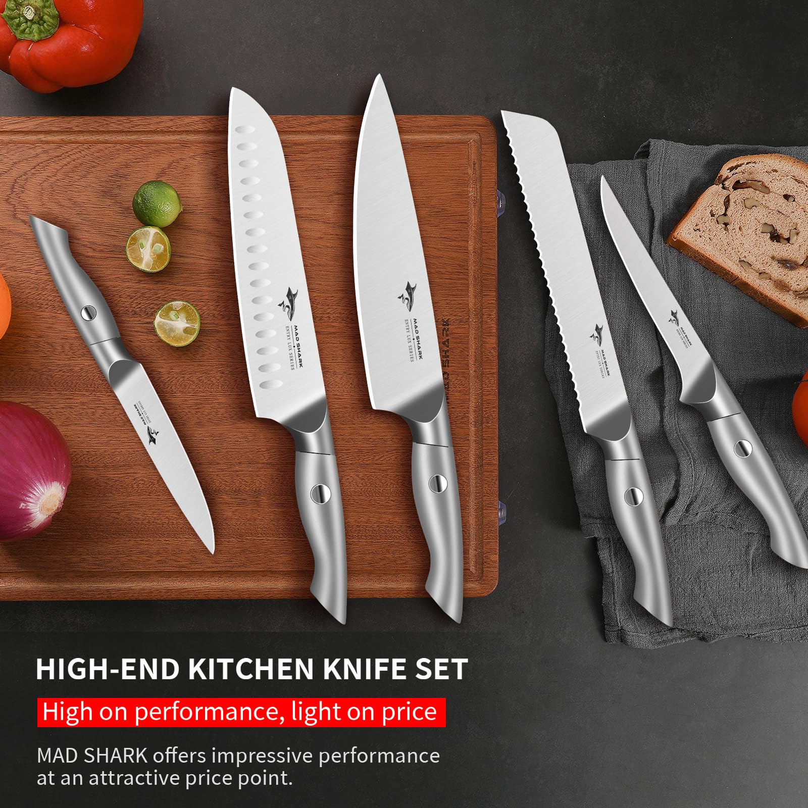 MAD SHARK cuchillo santoku de 8 pulgadas para picar verduras con control.