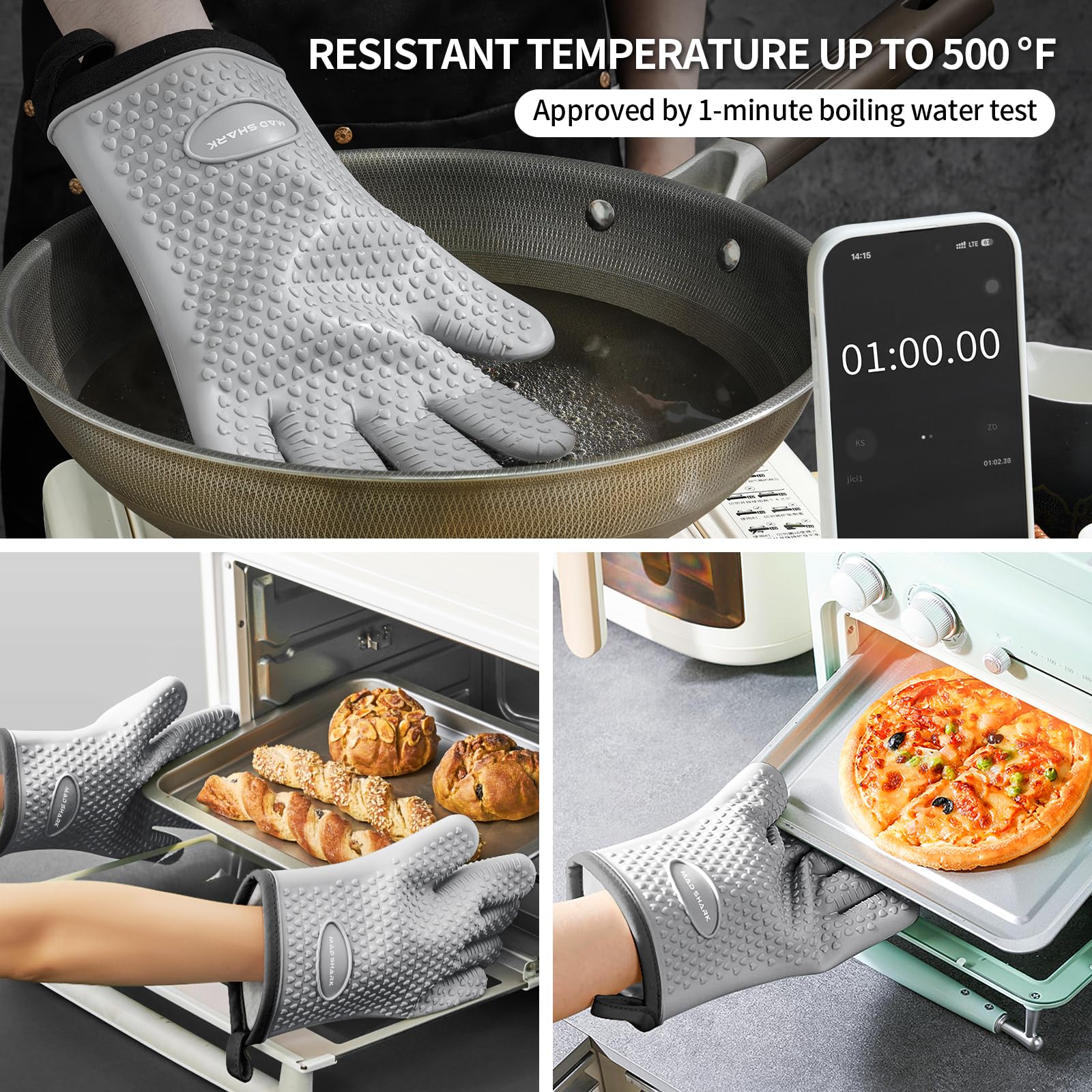 MAD SHARK guantes con dedos, silicona antideslizante para un agarre seguro al cocinar.