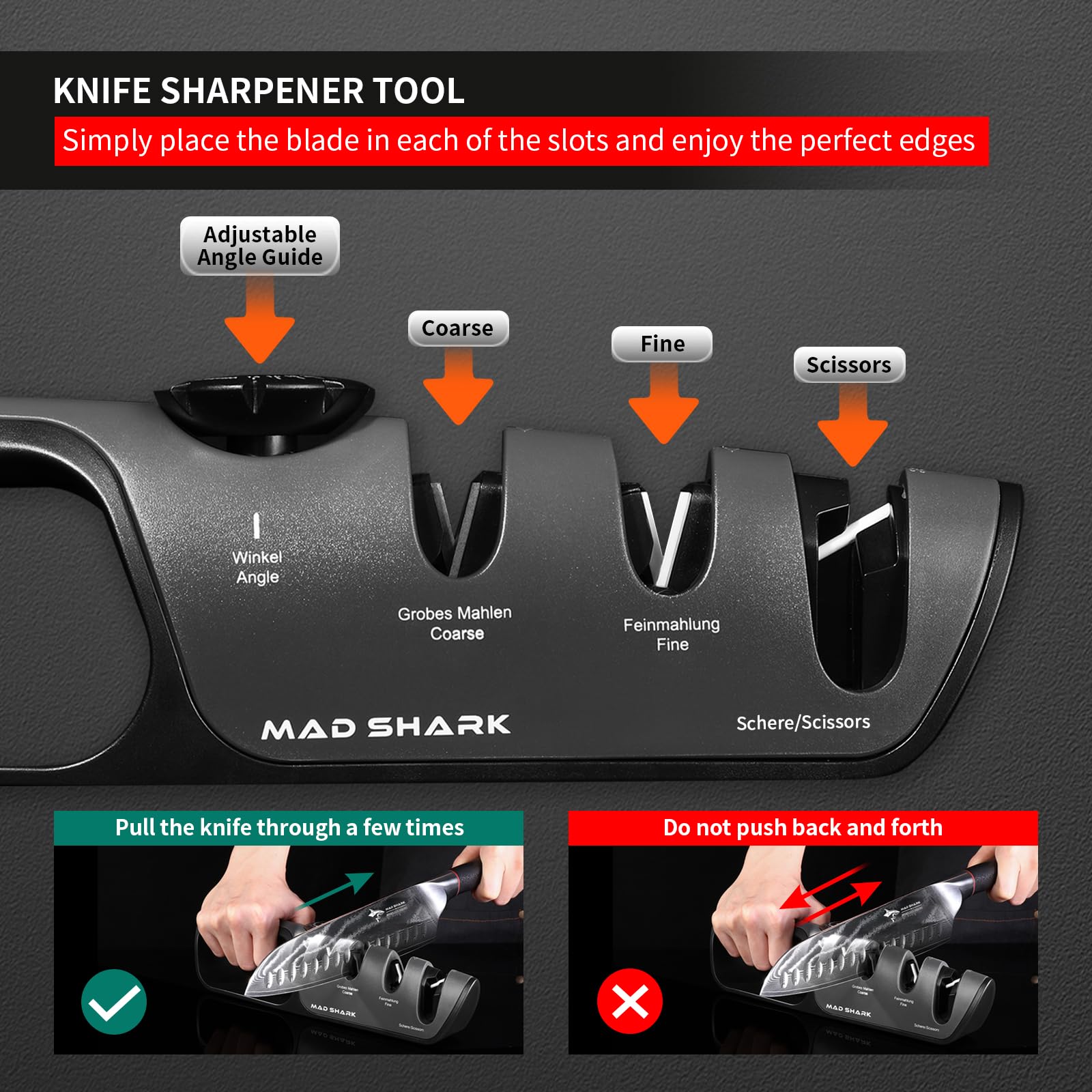 MAD SHARK mango ergonómico ofrece agarre firme durante el afilado.