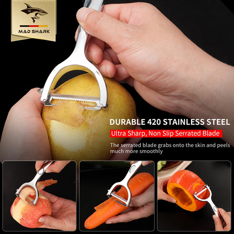 MAD SHARK Pelador, mango antideslizante que mejora la seguridad en la cocina.