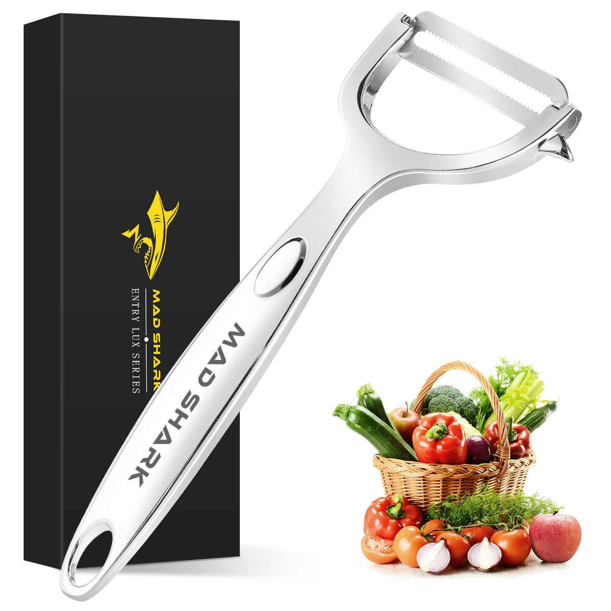 MAD SHARK Pelador de verduras Ultra afilado con cuchilla serrada para un deslizamiento suave.