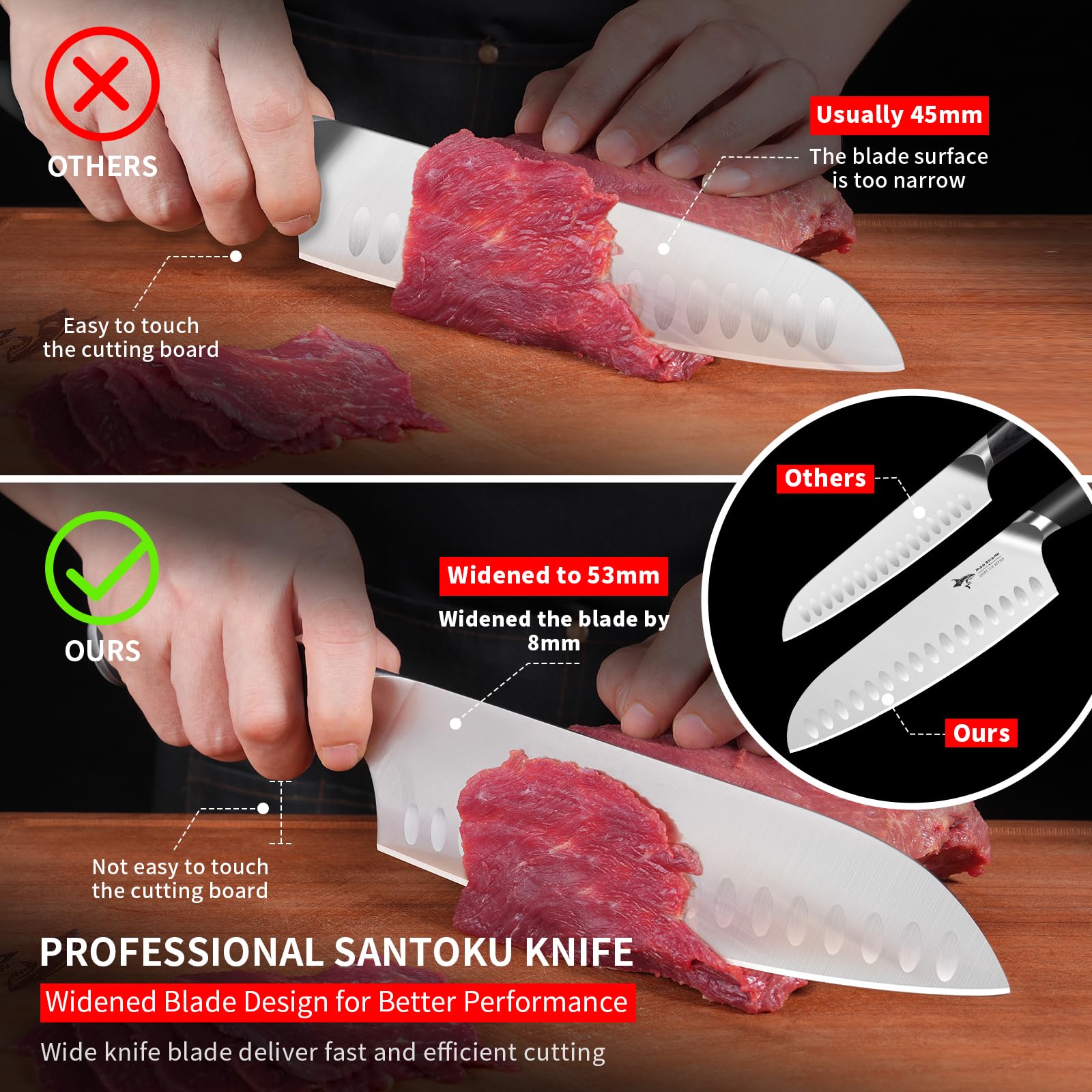 MAD SHARK Santoku 8, hoja amplia para recoger ingredientes fácilmente