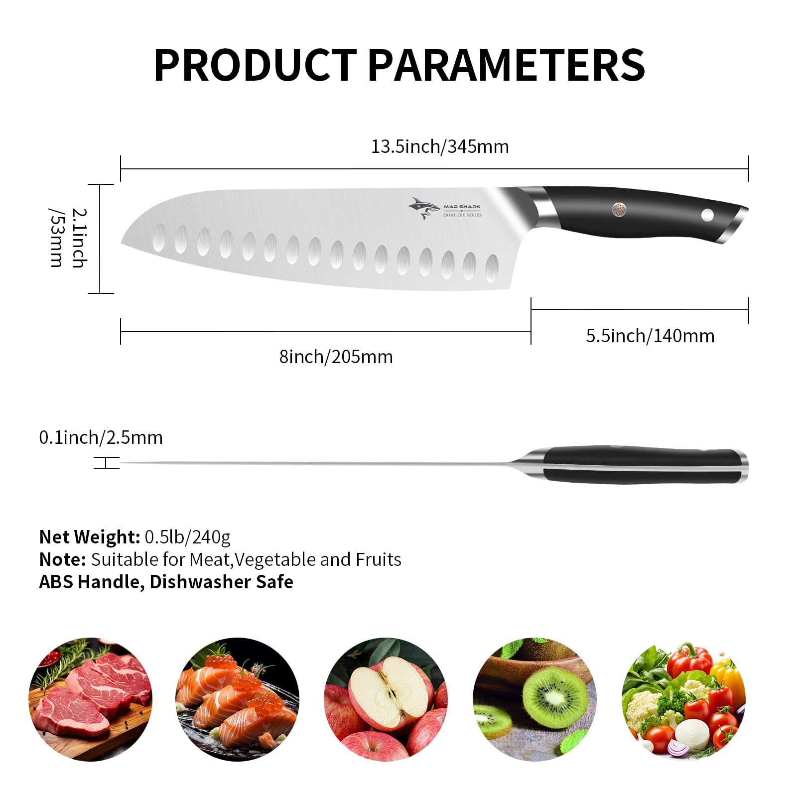 MAD SHARK Santoku 8, mango cómodo que reduce fatiga en cortes