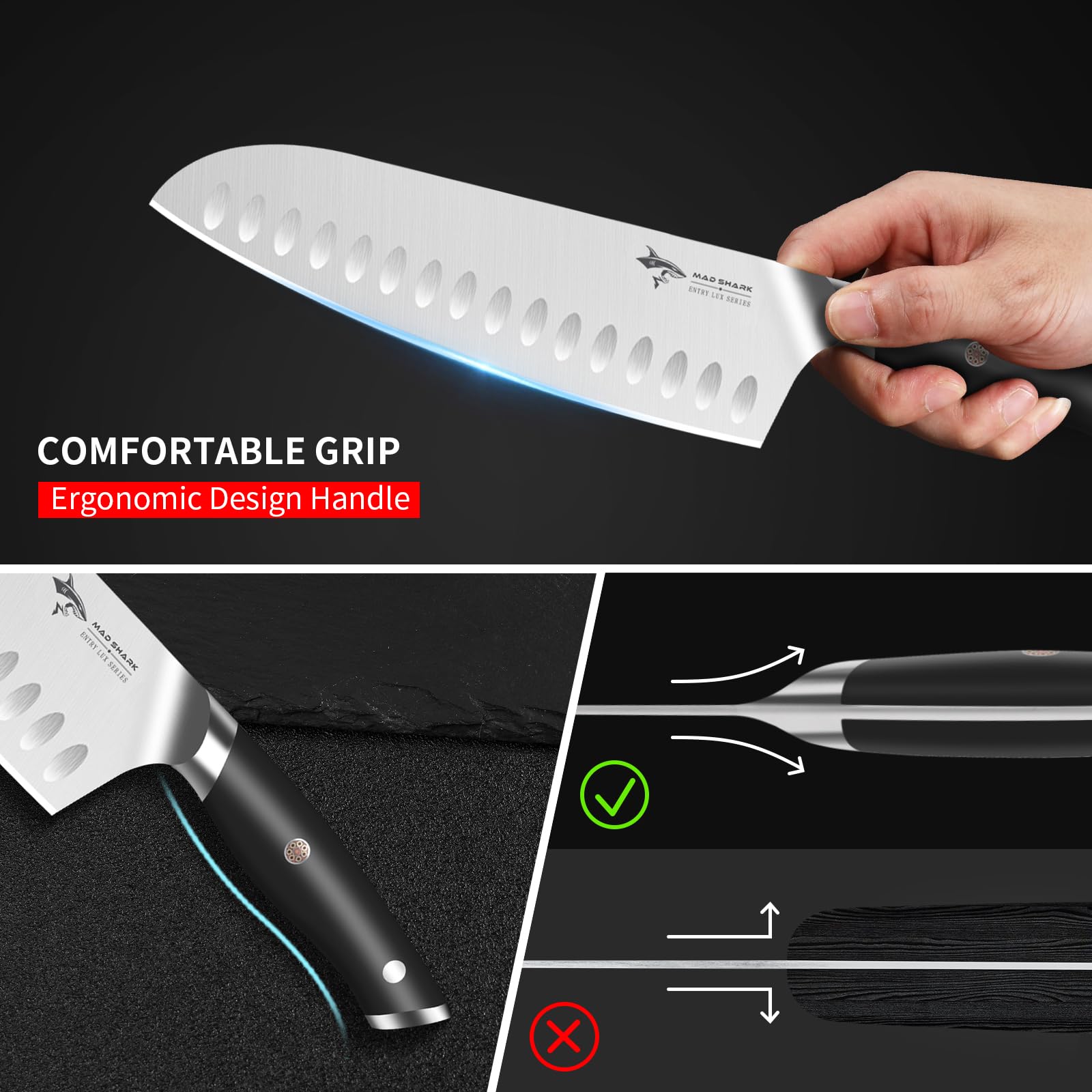 MAD SHARK Santoku 8, filo ultra afilado para picar verduras y carnes