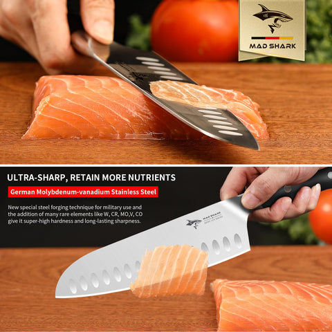 MAD SHARK Santoku 8, hoja de acero al carbono duradera y resistente
