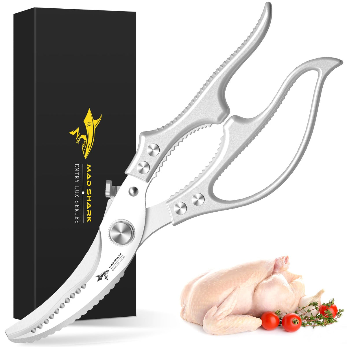 Tijeras MAD SHARK para cocina con corte preciso de pollo.