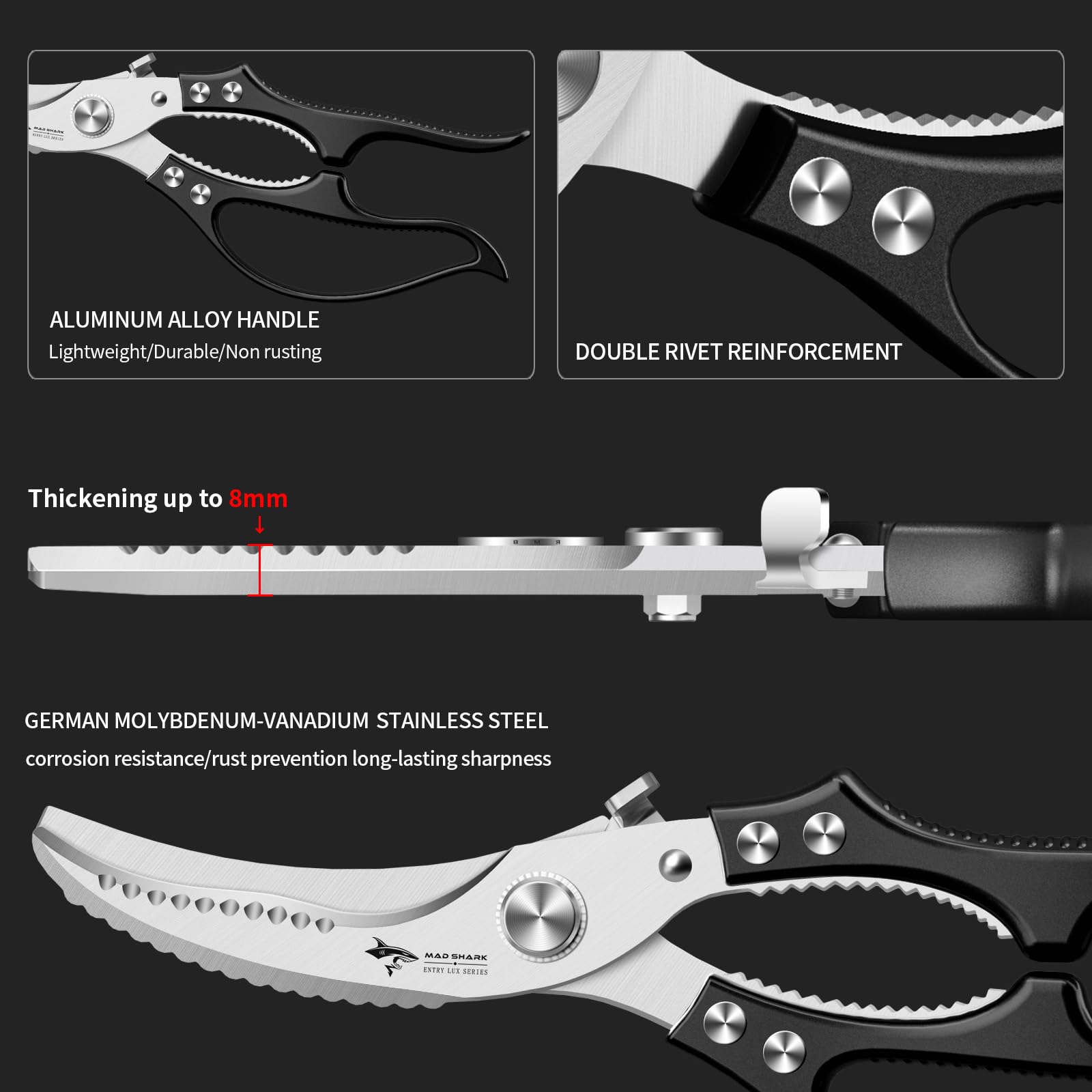 MAD SHARK tijeras con resorte integrado para apertura suave.