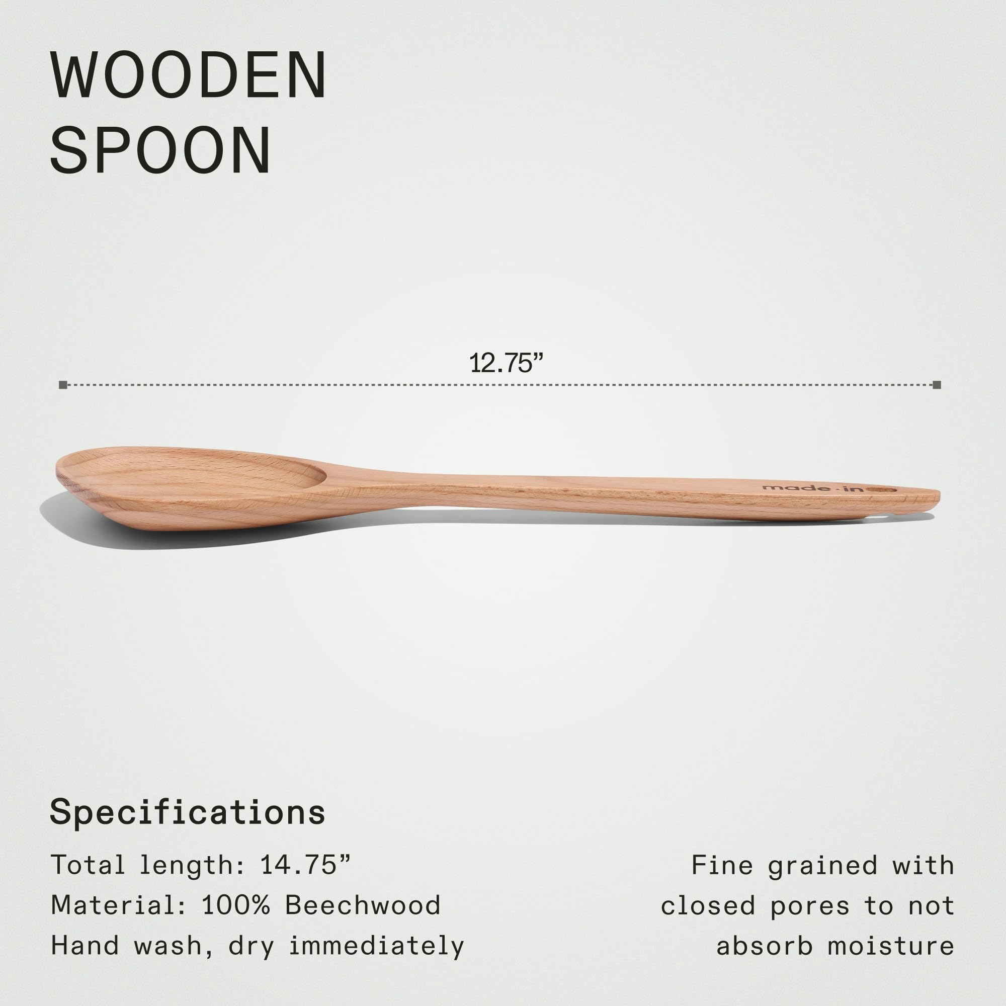 Cuchara de madera Made In, diseño versátil y duradero para varias tareas.