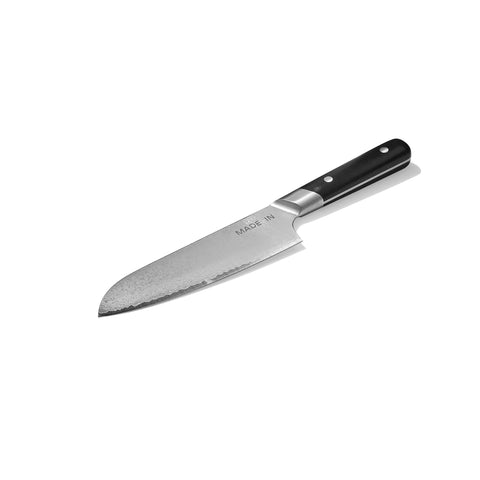 Cuchillo Santoku Made In con hoja damasco de 66 capas y núcleo VG-10 para filo duradero.