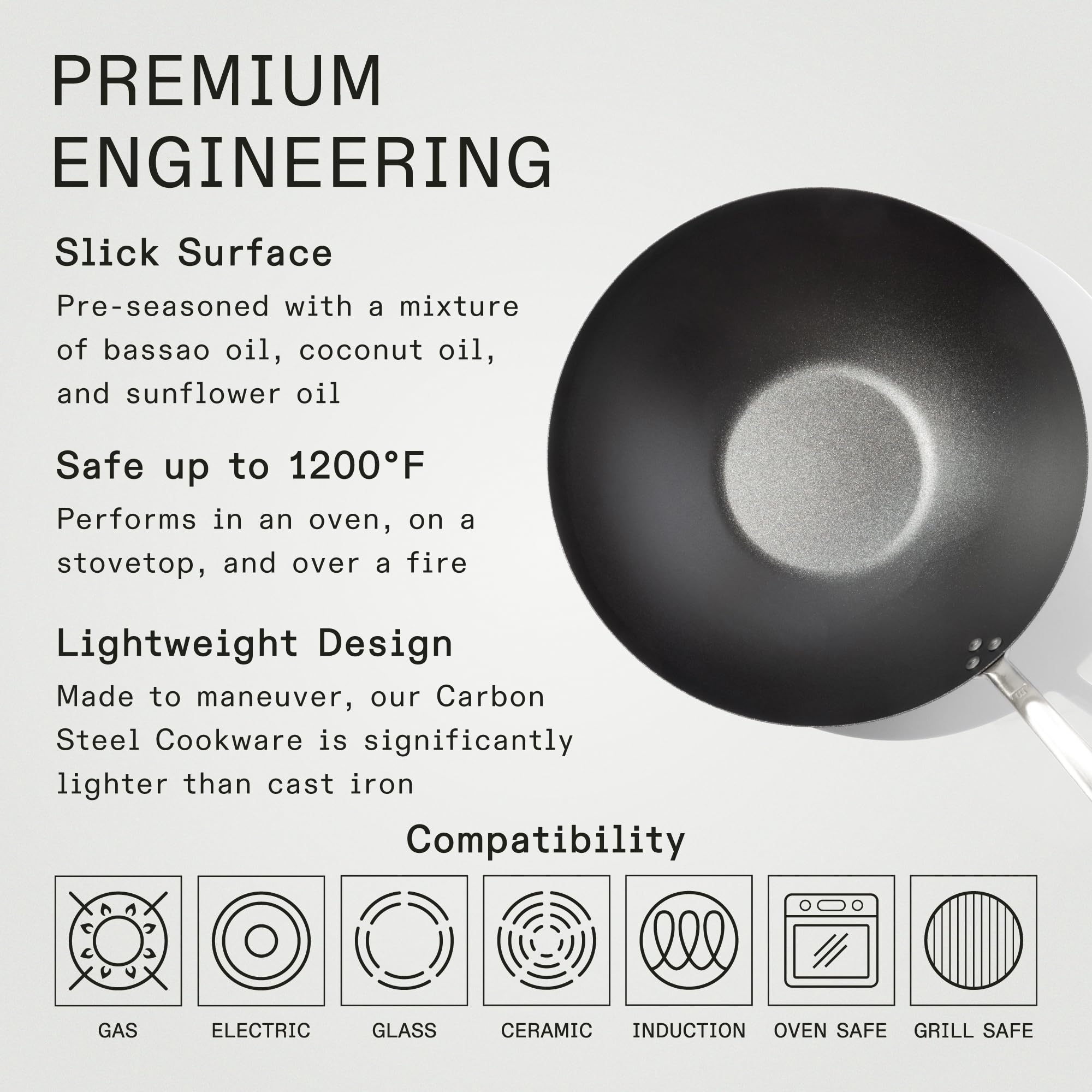 Made In Wok altura 6,22 pulgadas con mango ergonómico para maniobras seguras.