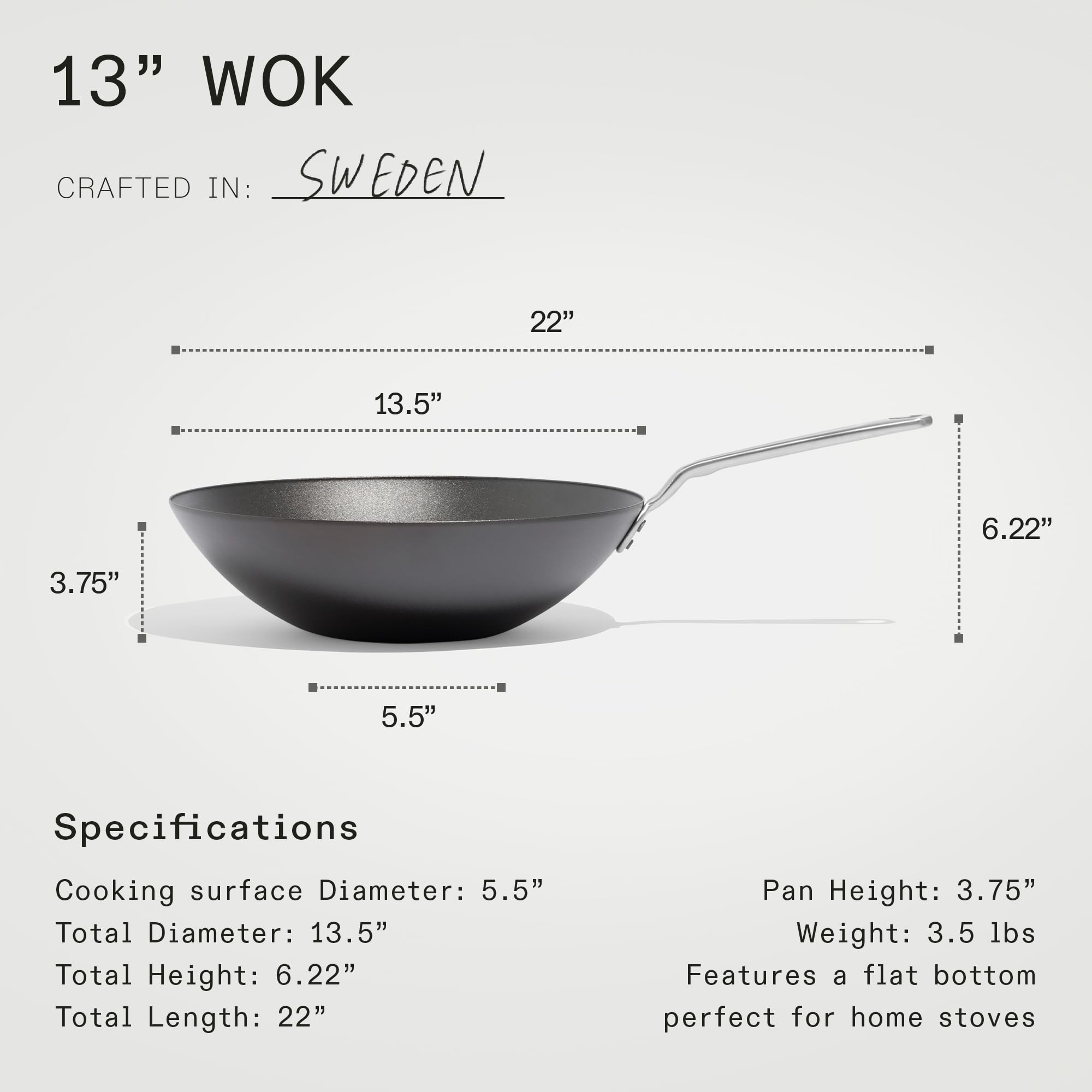 Made In Wok largo con mango 22 pulgadas para manejo cómodo.