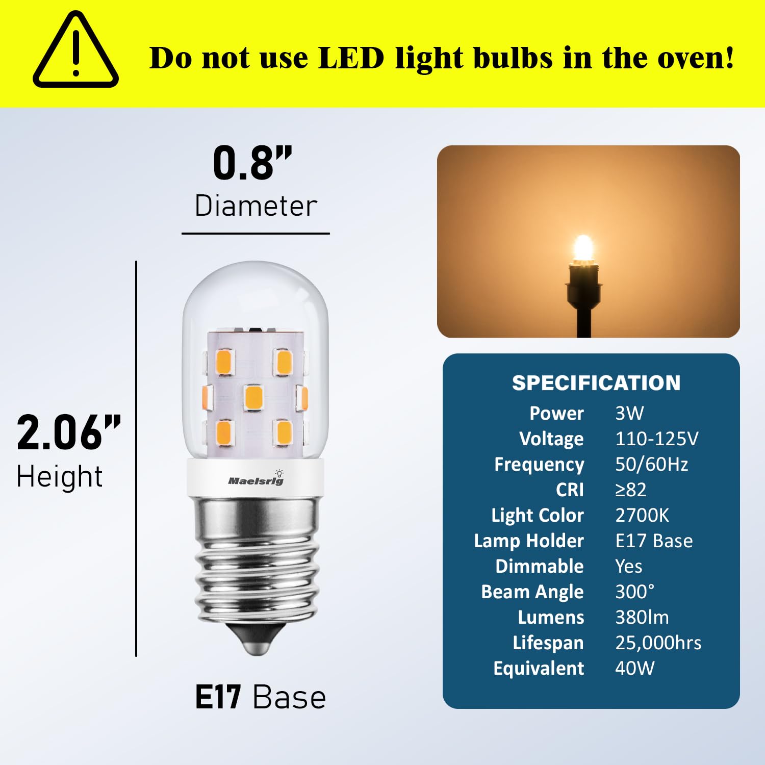 Bombilla LED E17 de Maelsrlg, 3W, reemplazo de 40W para ahorrar energía.