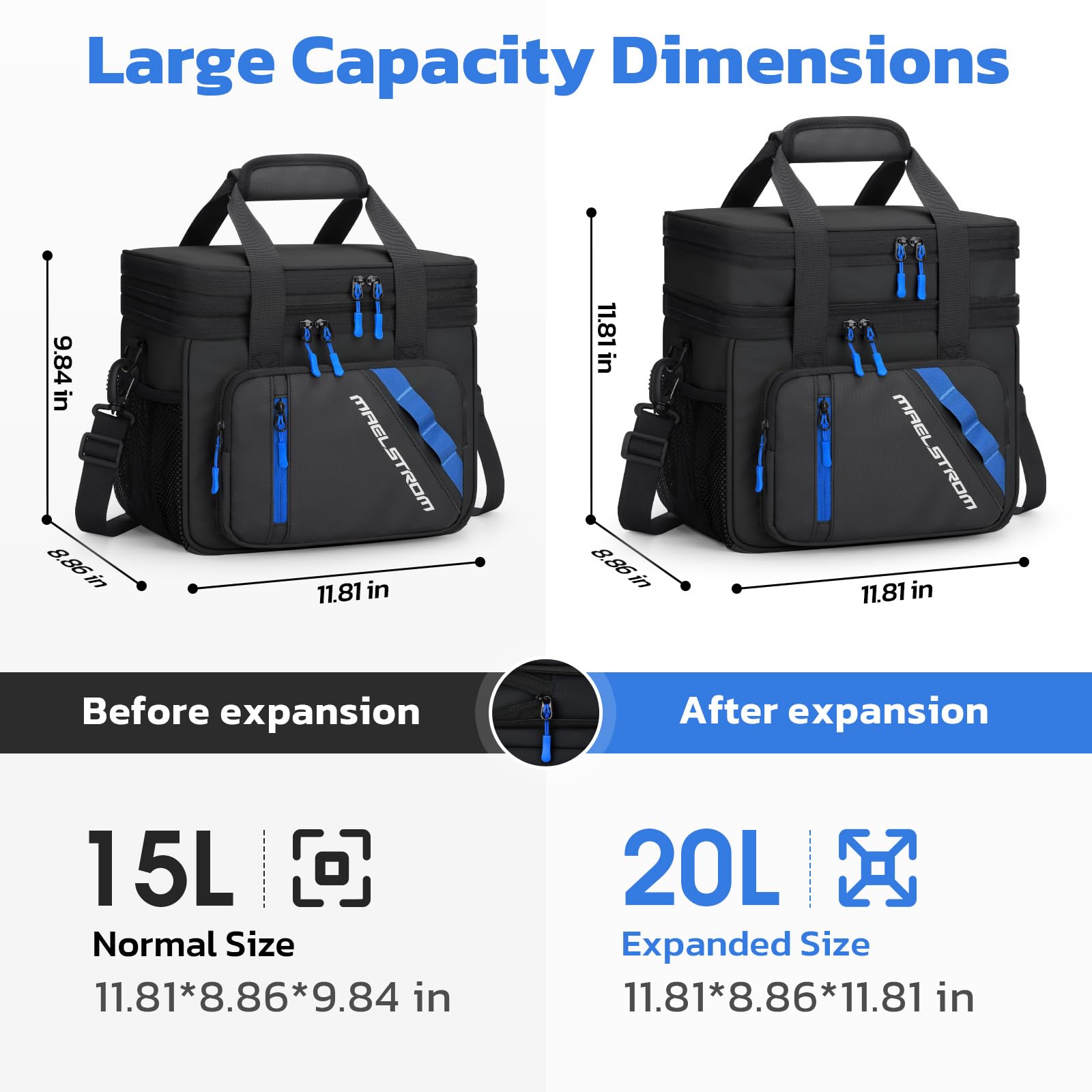 Maelstrom bolsa-almuerzo-doble-capa-expandible muestra su capacidad ampliable para comidas.