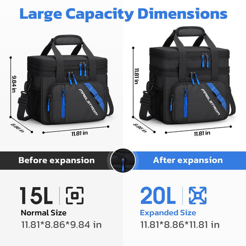 Maelstrom bolsa-almuerzo-doble-capa-expandible muestra su capacidad ampliable para comidas.