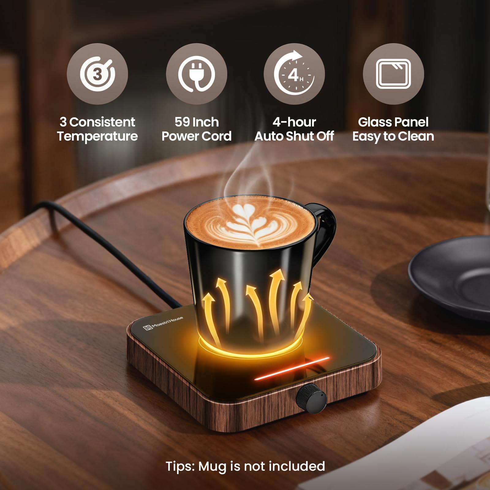 Maestri House Mug Warmer con tres niveles de temperatura para distintas preferencias.