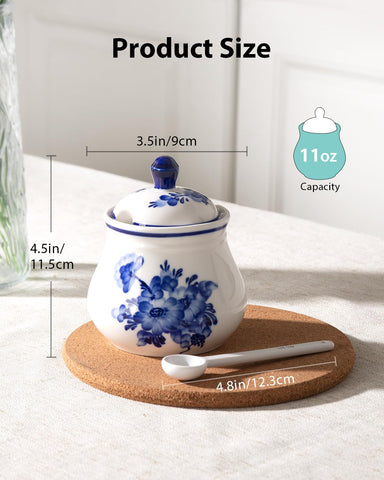 Magclay azucarero cerámico azul y blanco con diseño de flor para la cocina.