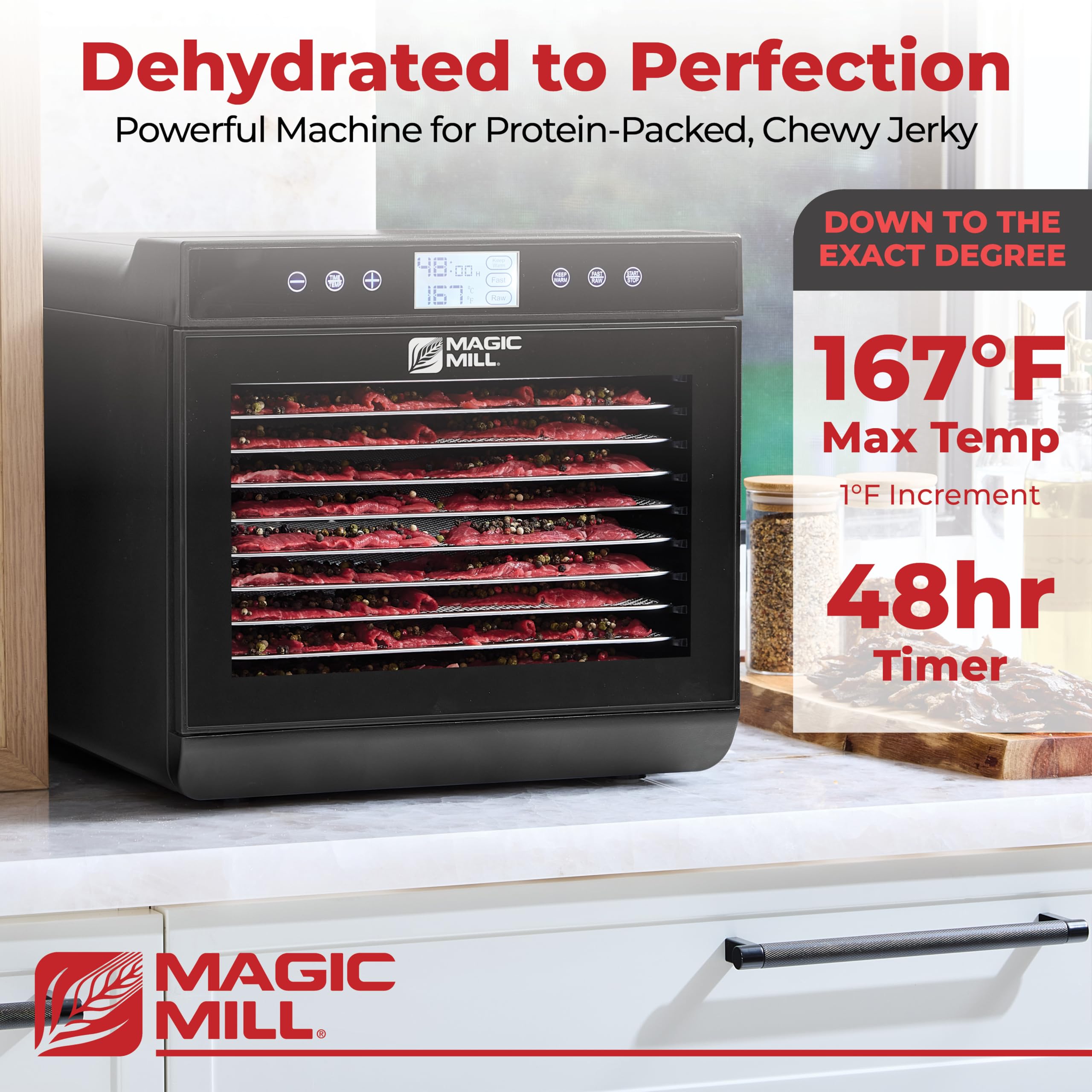 Magic Mill deshidratador con 10 bandejas XL de acero inoxidable para alta capacidad.