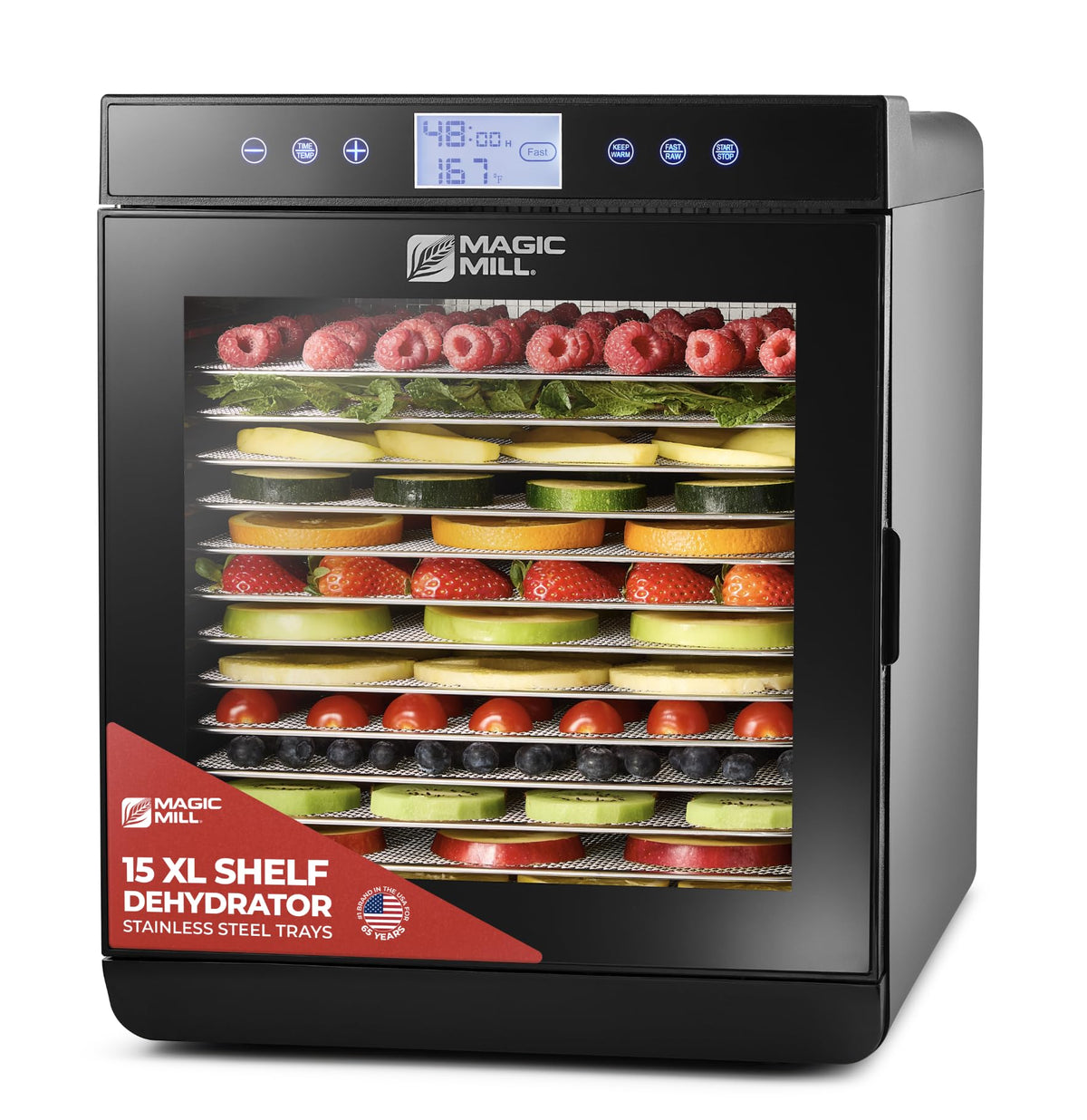 Magic Mill deshidratador de alimentos con 15 bandejas XL y deshidratación uniforme.