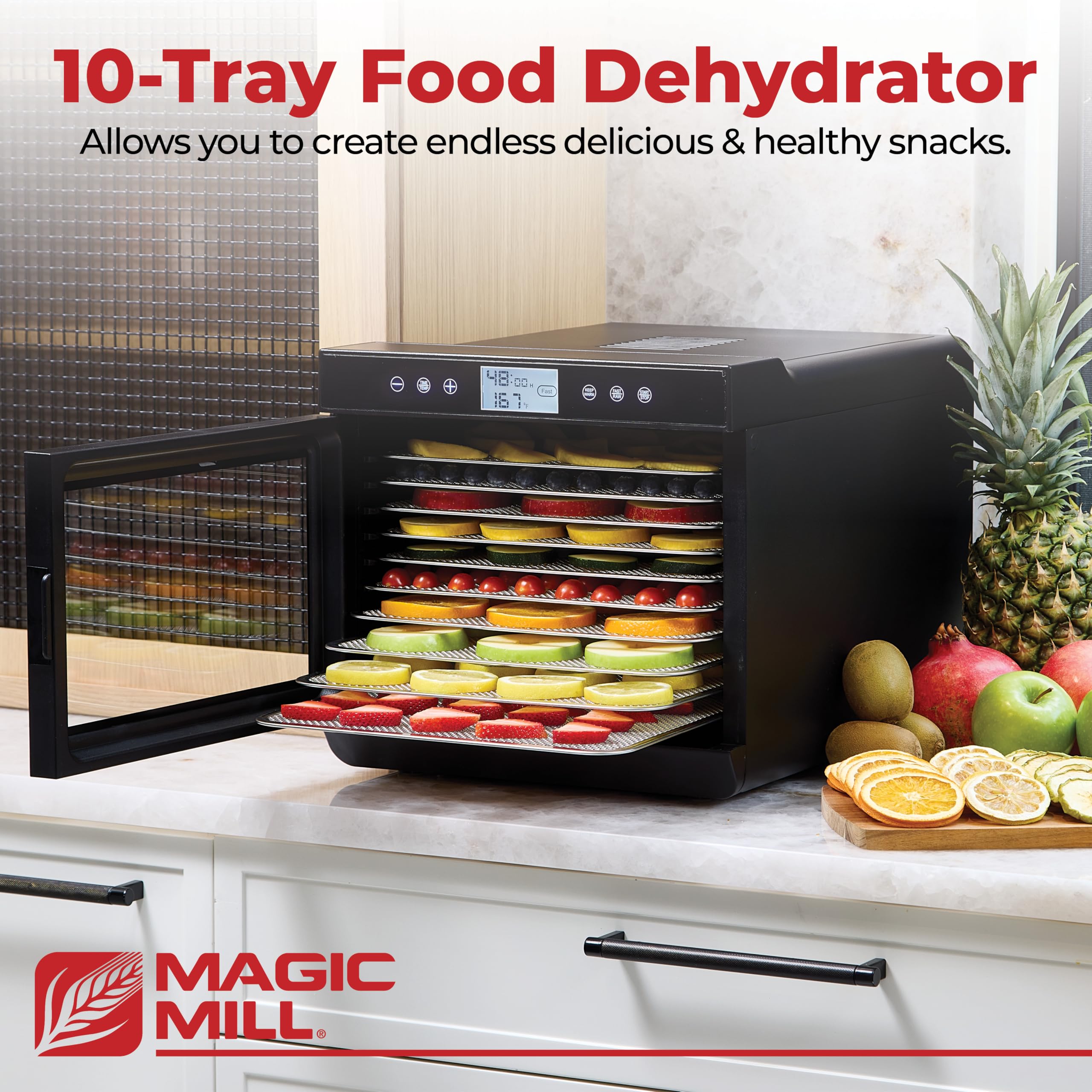 Magic Mill deshidratador – ventilador trasero para secado uniforme.