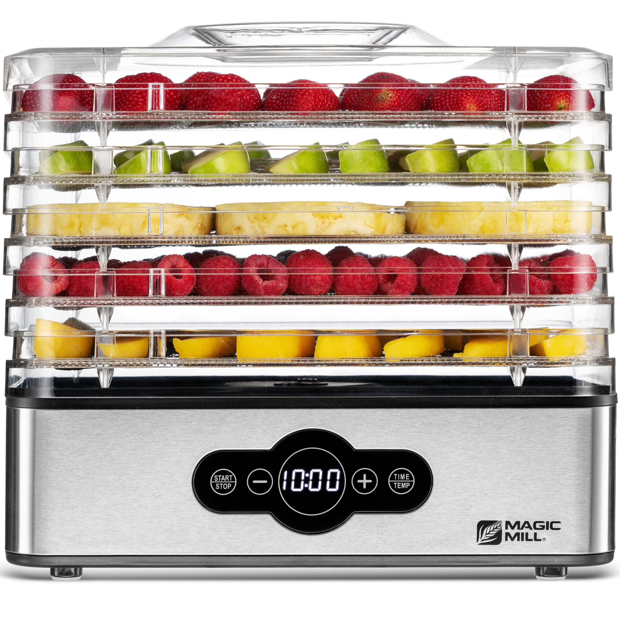Deshidratadora Magic Mill con 5 bandejas para secar frutas y vegetales de forma uniforme.
