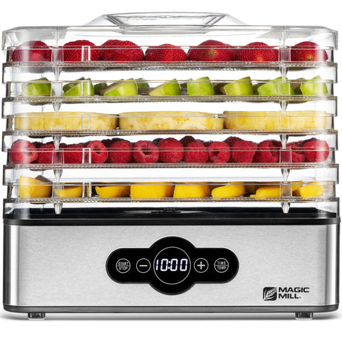 Deshidratadora Magic Mill con 5 bandejas para secar frutas y vegetales de forma uniforme.