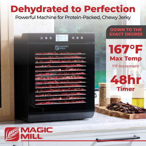 Magic Mill panel digital con control de temperatura de 95 a 167 °F.