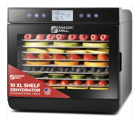 Magic Mill deshidratador premium – frente con puerta transparente para monitorear progreso.