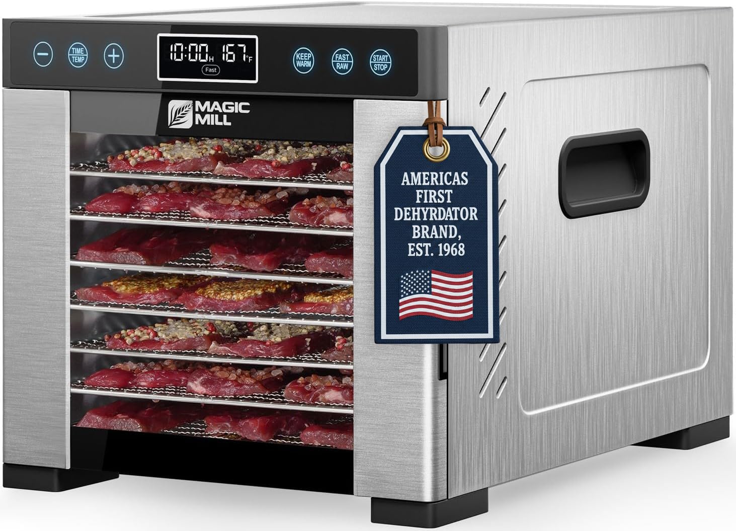 Magic Mill Pro: deshidratador exterior de acero inoxidable para uso duradero y fácil limpieza.