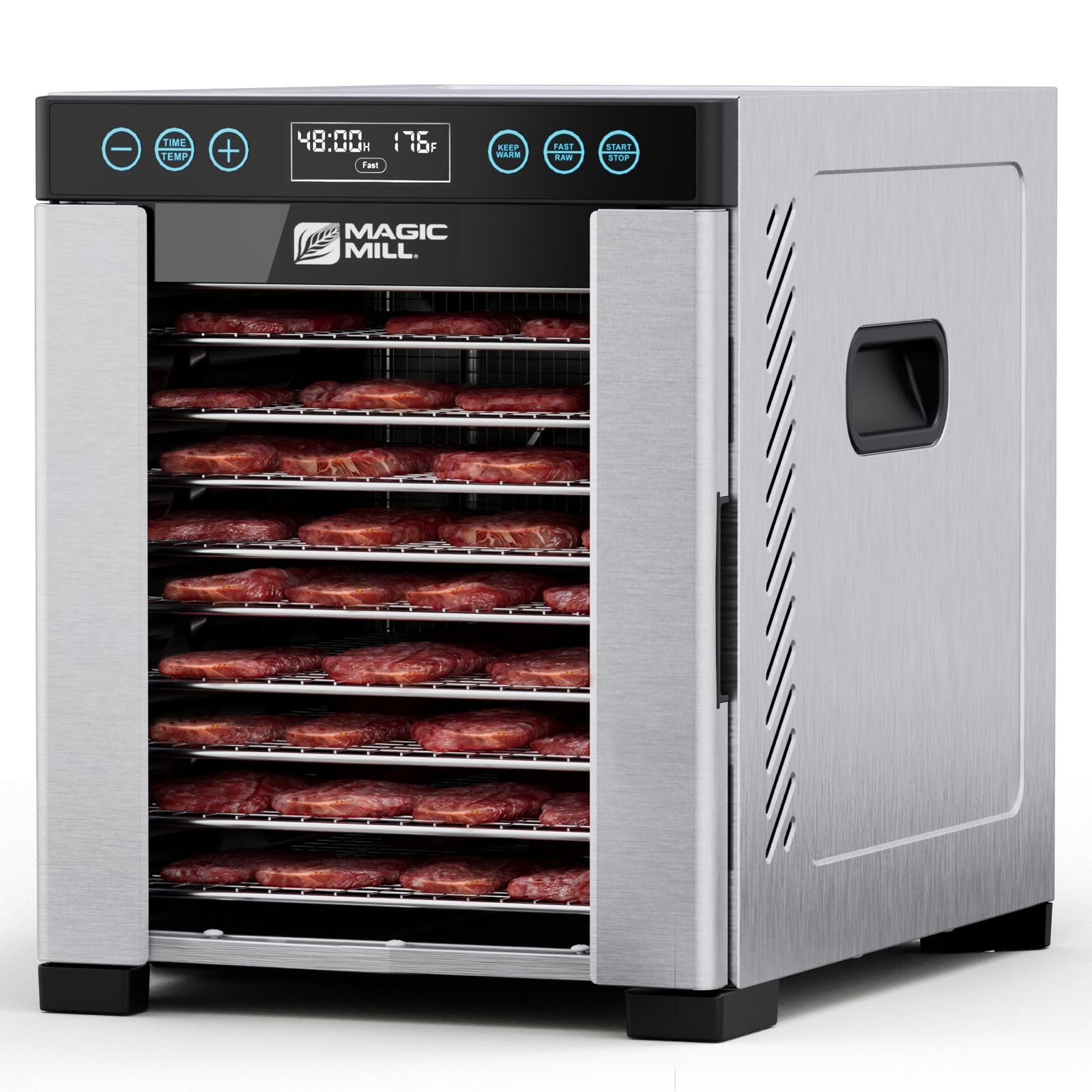 Magic Mill Pro deshidratadora con 10 bandejas de acero inoxidable para snacks saludables.