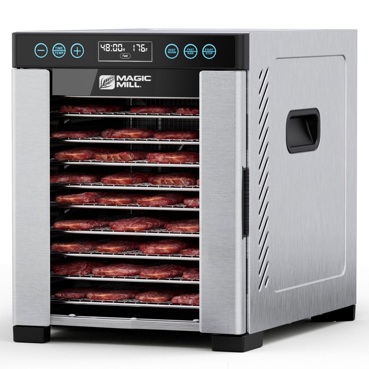 Magic Mill Pro deshidratadora con 10 bandejas de acero inoxidable para snacks saludables.