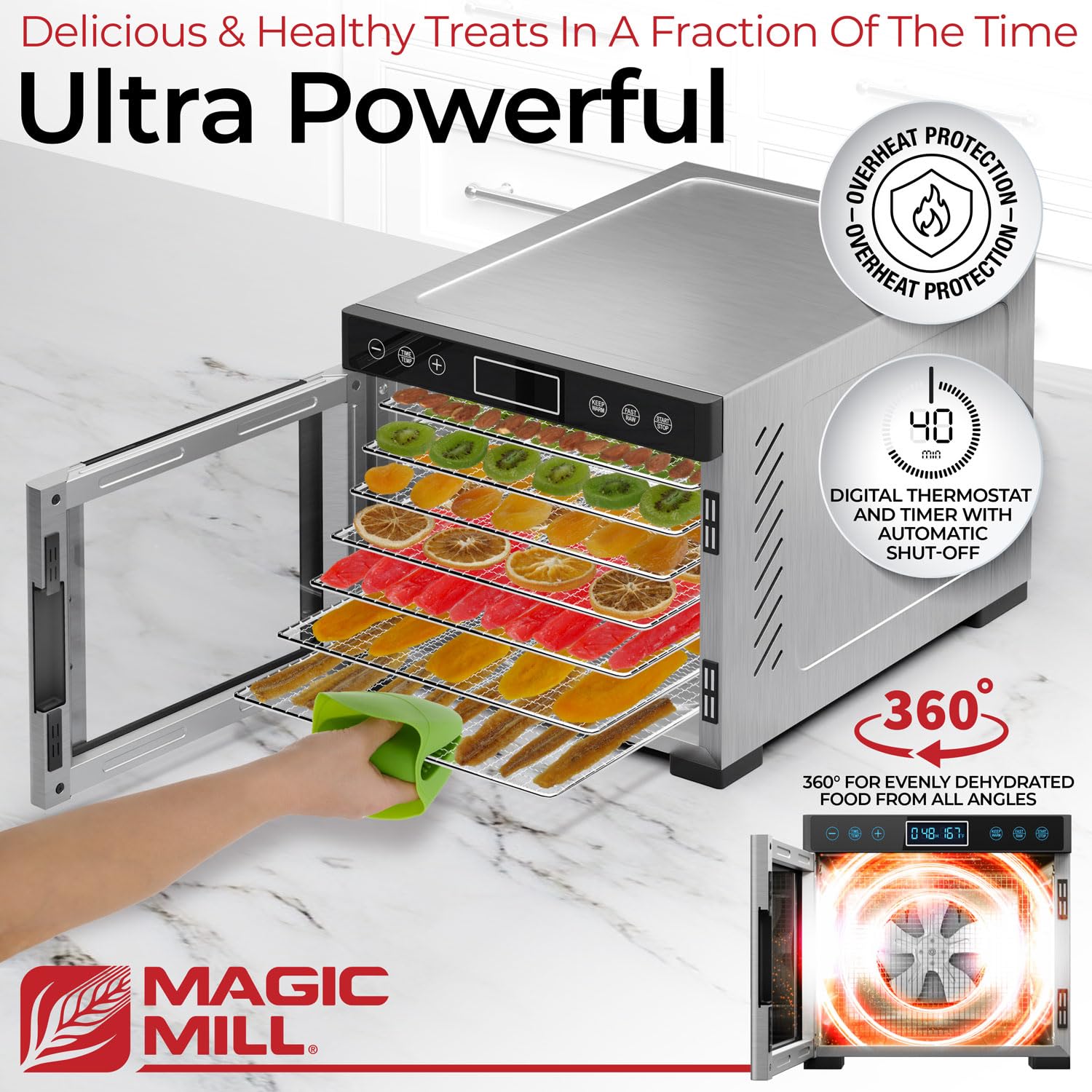 Magic Mill Pro: sistema de aire trasero para secado uniforme en todas las bandejas.