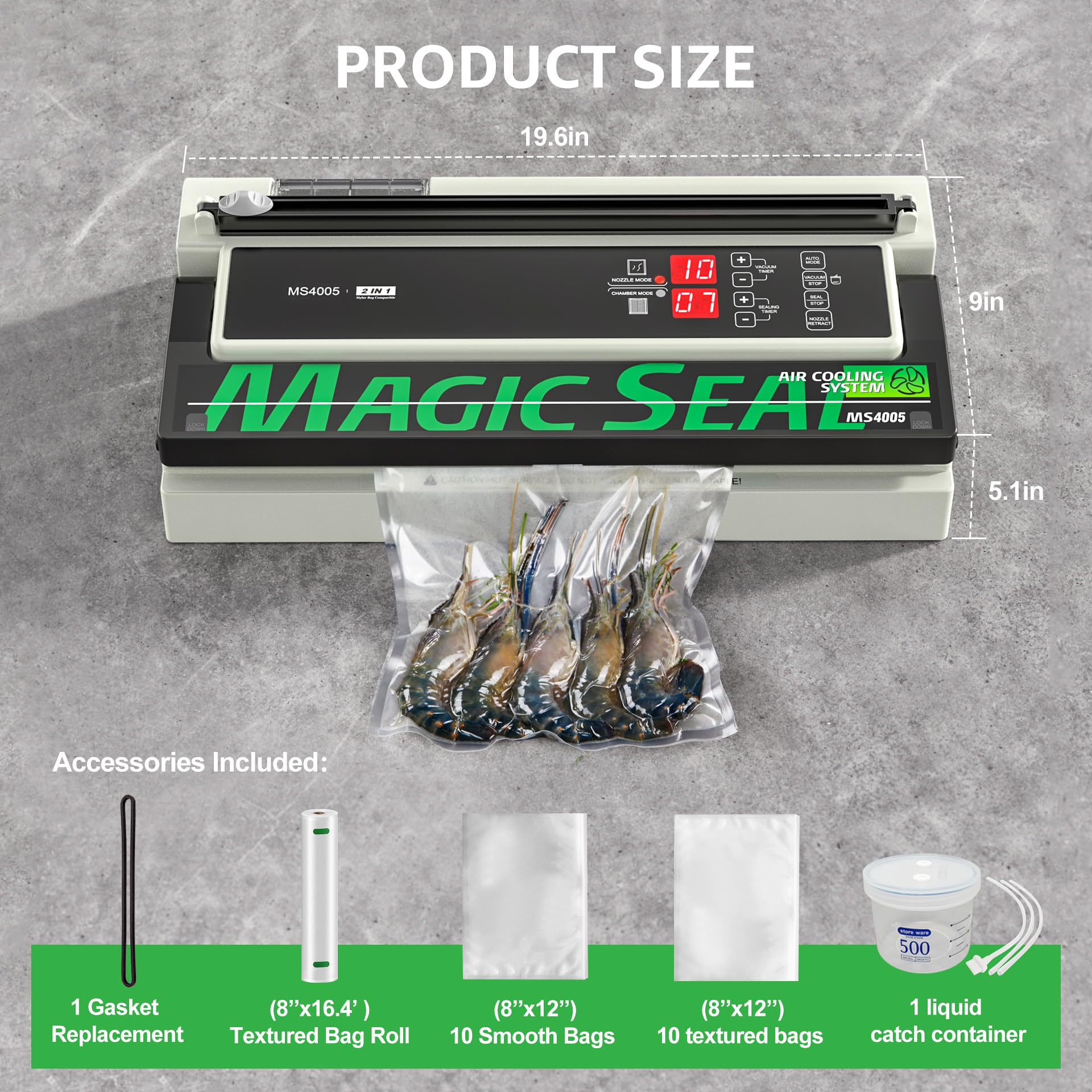 MAGIC SEAL accesorios incluidos y puerto para contenedores