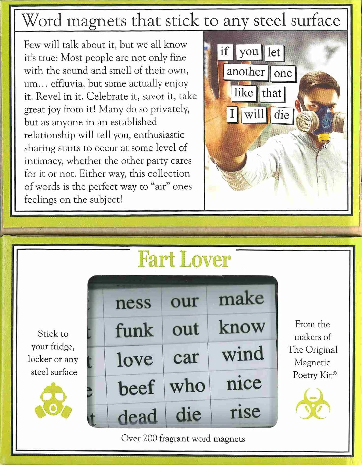 Magnetic Poetry Fart Lover, baldosas magnéticas, expresa humor diario en la cocina.