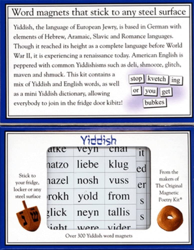 Magnetic Poetry Yiddish Kit con frases para refrigerador, ideal para mensajes diarios.