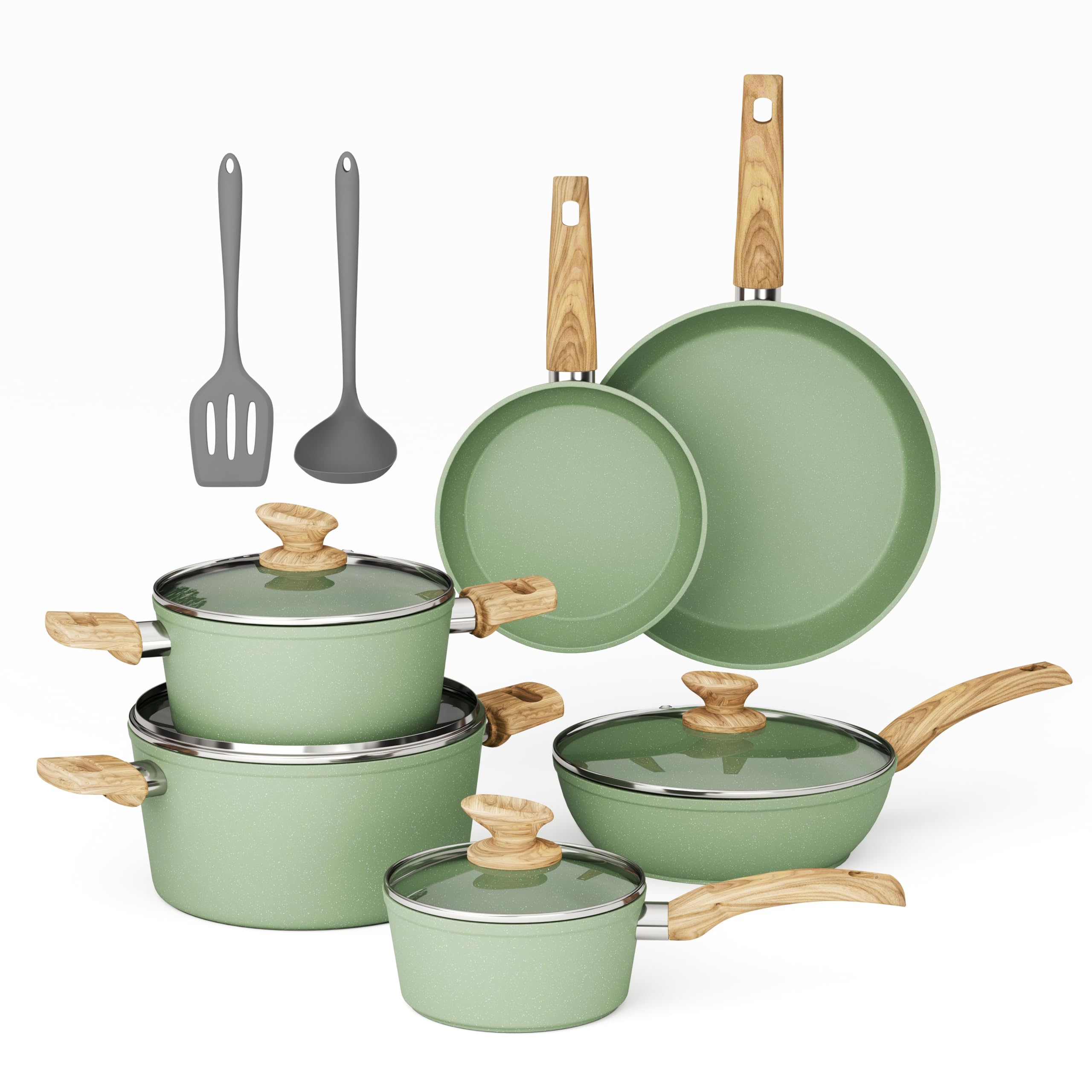 MAISON ARTS set de sartenes verde granito, frente de cocina con acabado antiadherente y fácil limpieza.