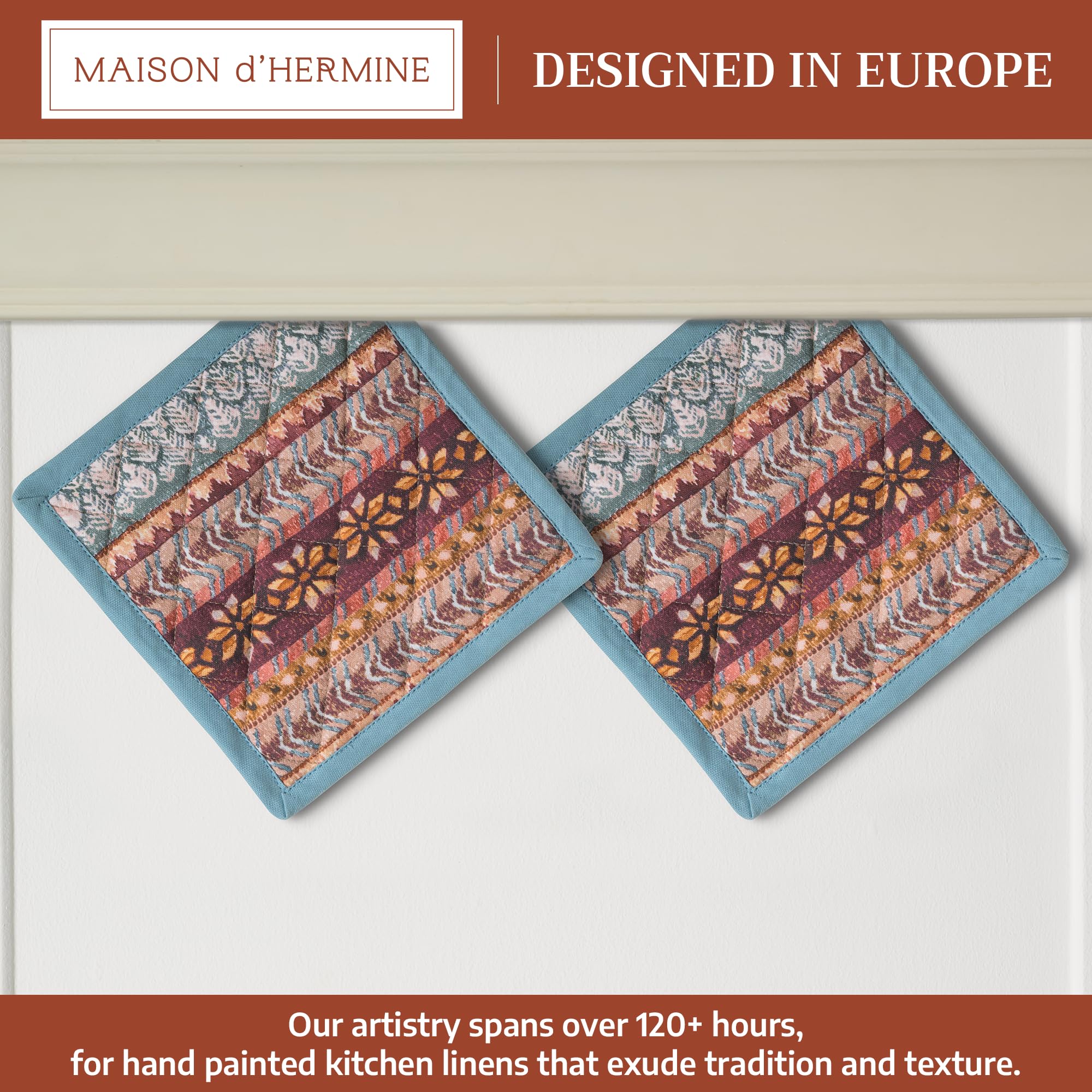Maison d'Hermine manoplas de horno en acuarela, diseño europeo elegante para cocina.