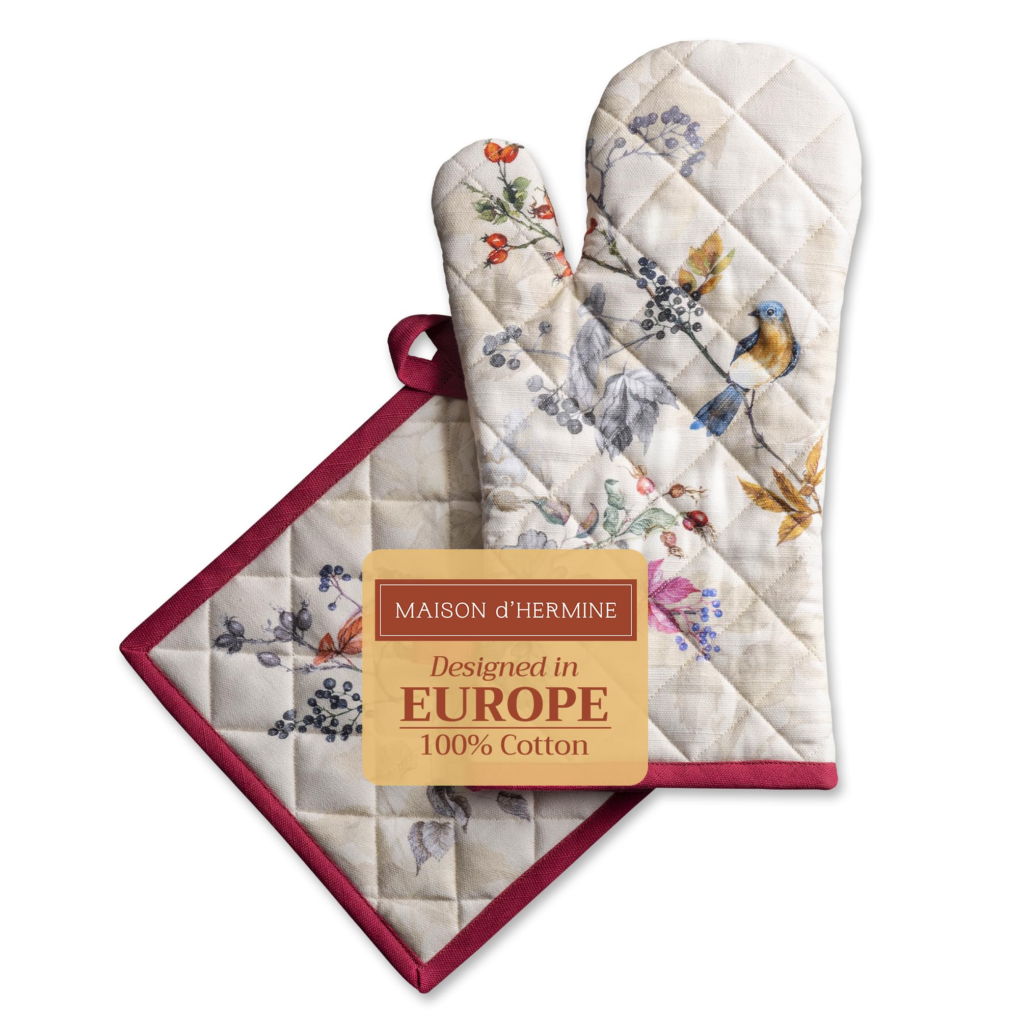 Guante de horno Maison d' Hermine con diseño acuarela Equinoxe beige, protección al manipular ollas calientes.