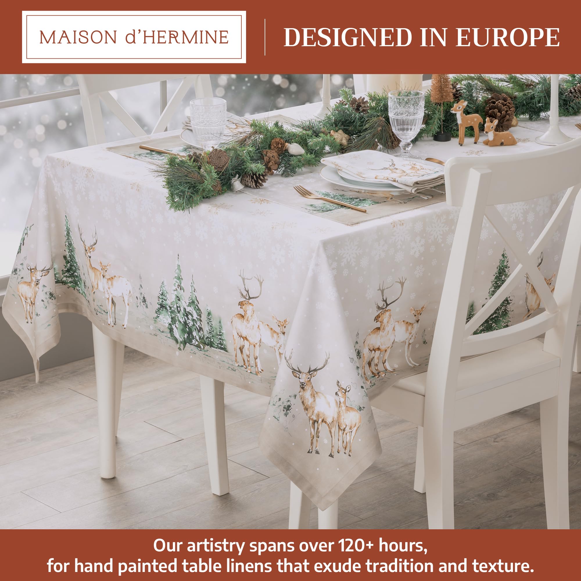 Mantel Maison d' Hermine, diseño acuarela ciervo, perfecto para cenas festivas.