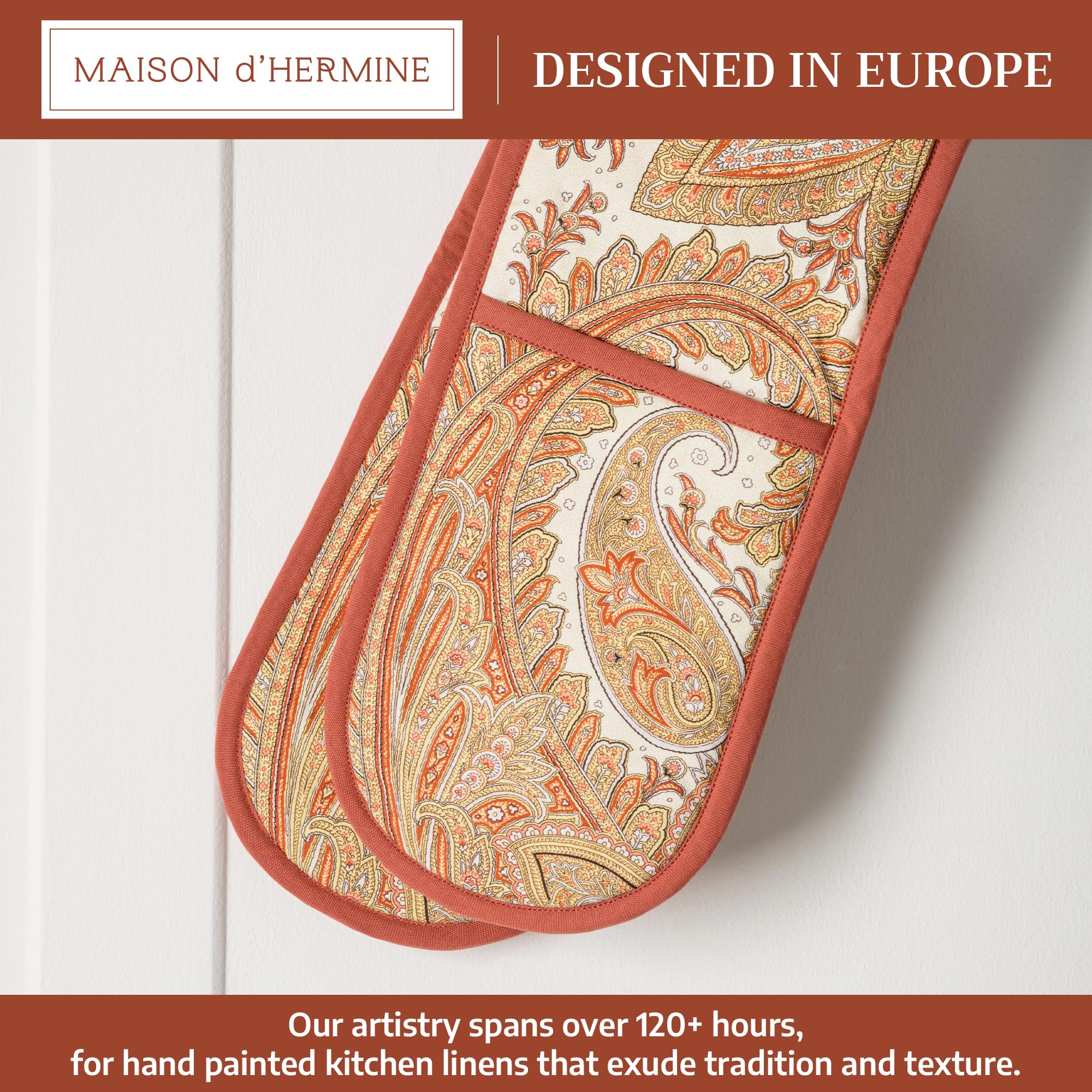 Manoplas Maison d'Hermine diseño Kashmir Paisley para hornear con estilo y seguridad.