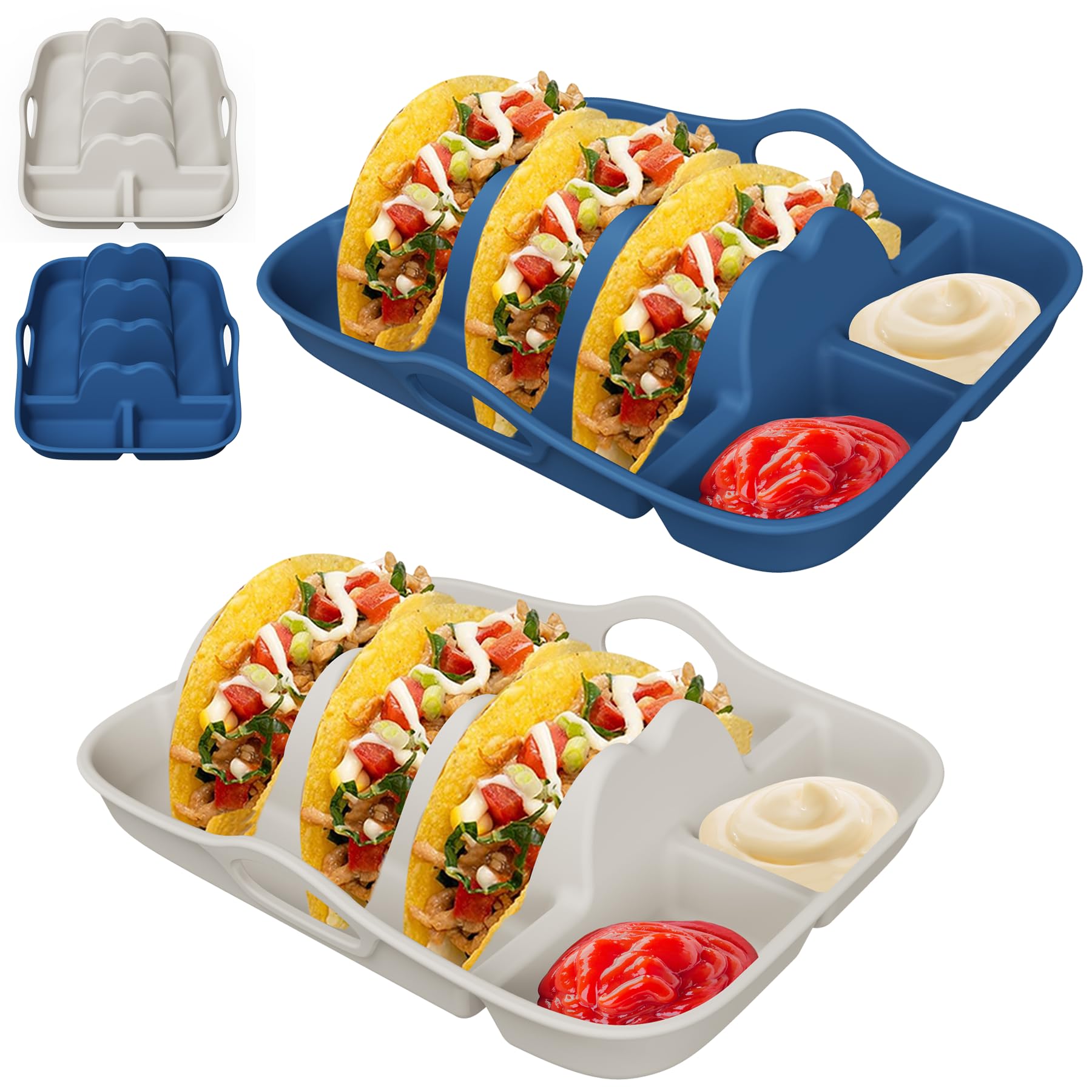 MaiTrekz porta-tacos de silicona blanco y azul-marino con base antideslizante para servir tacos firmes.