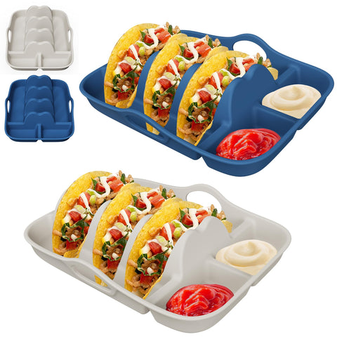 MaiTrekz porta-tacos de silicona blanco y azul-marino con base antideslizante para servir tacos firmes.