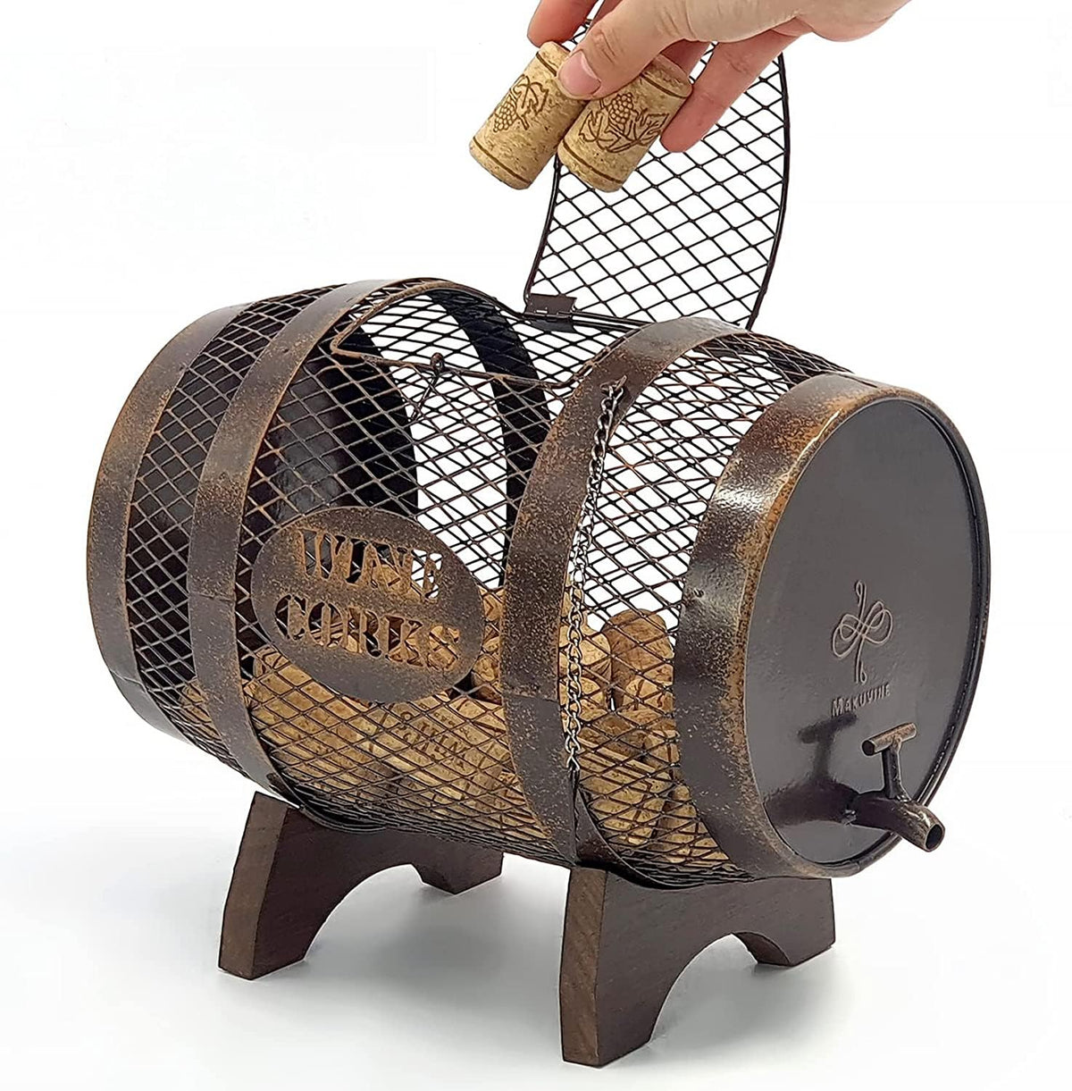 Makuvine barril con corchos de vino de metal rustico, ideal para exhibir colecciones.