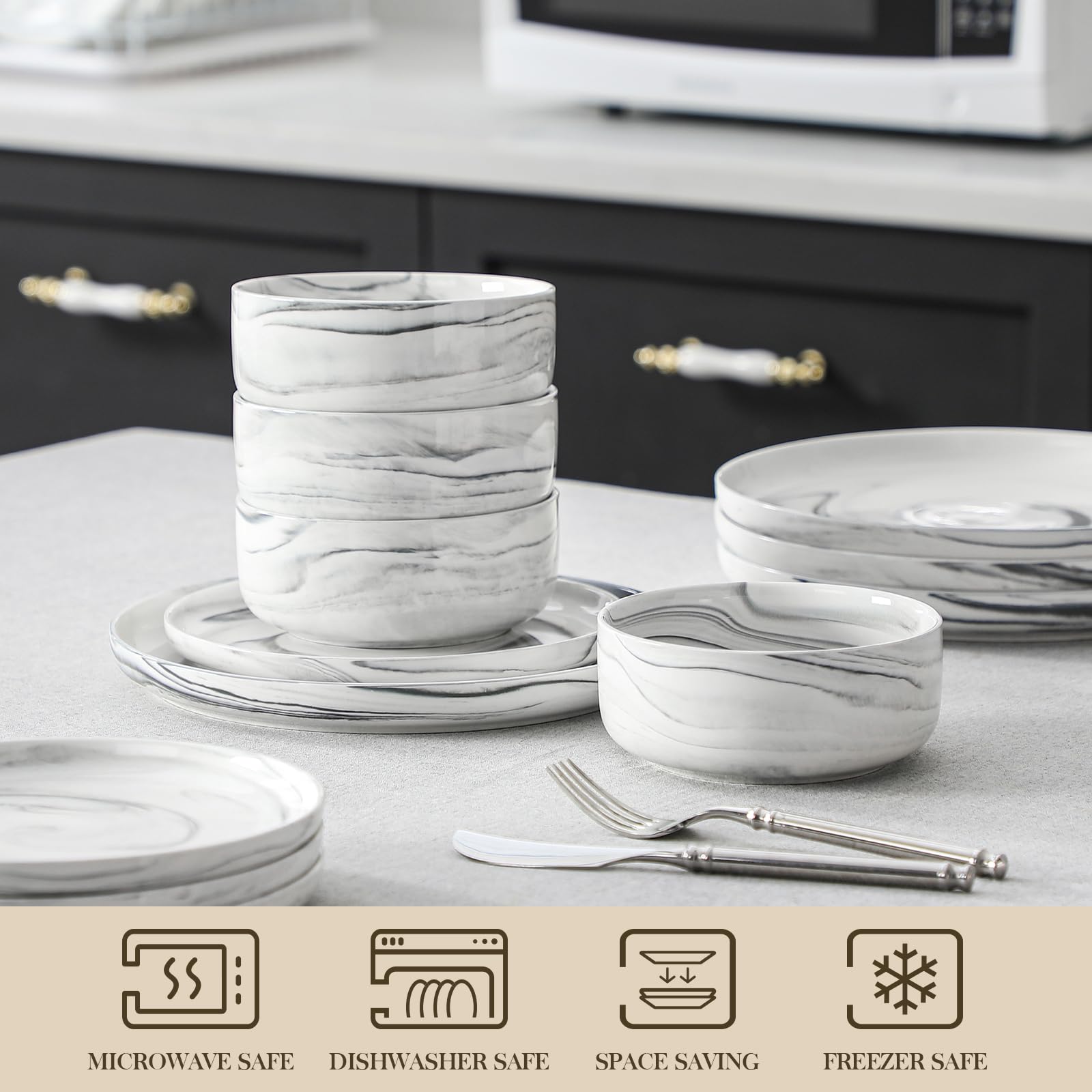 MALACASA Luna Gris Mármol: conjunto de cena compacto para mesas minimalistas.