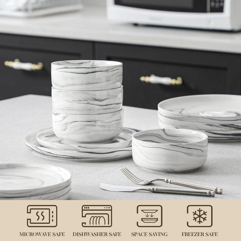 MALACASA Luna Gris Mármol: conjunto de cena compacto para mesas minimalistas.