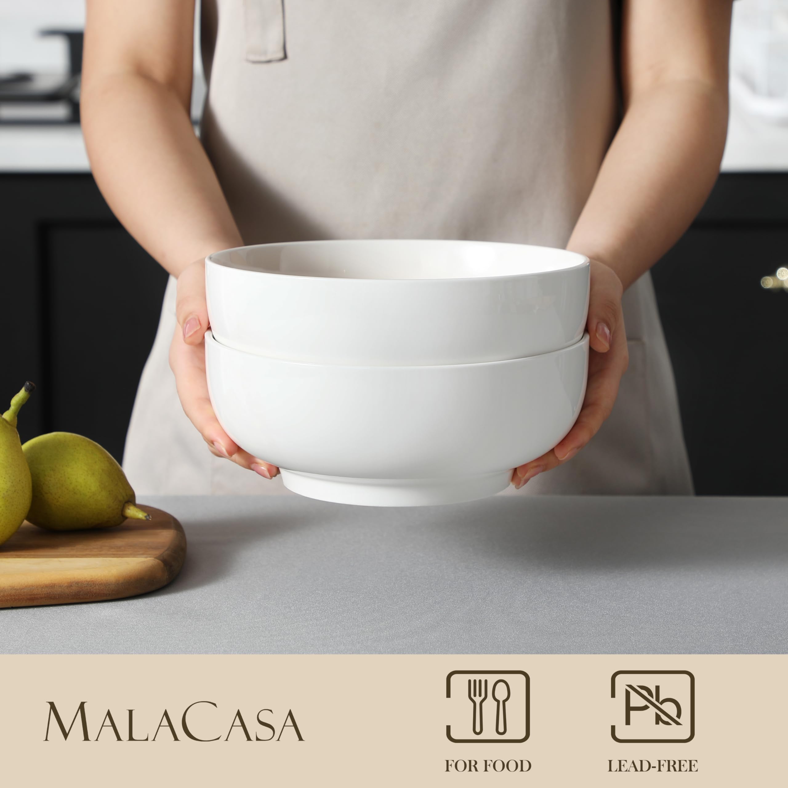 MALACASA Ensaladera Grande 60oz, acabado porcelana blanco suave y sin plomo.
