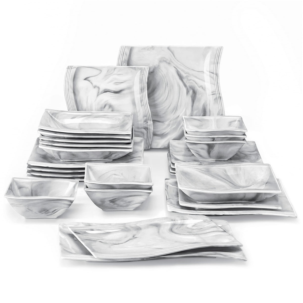 MALACASA Flora: plato de cena cuadrado con mármol gris para una presentación elegante.