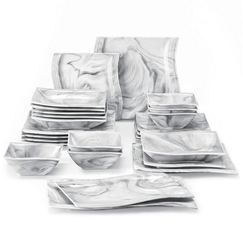 MALACASA Flora: plato de cena cuadrado con mármol gris para una presentación elegante.