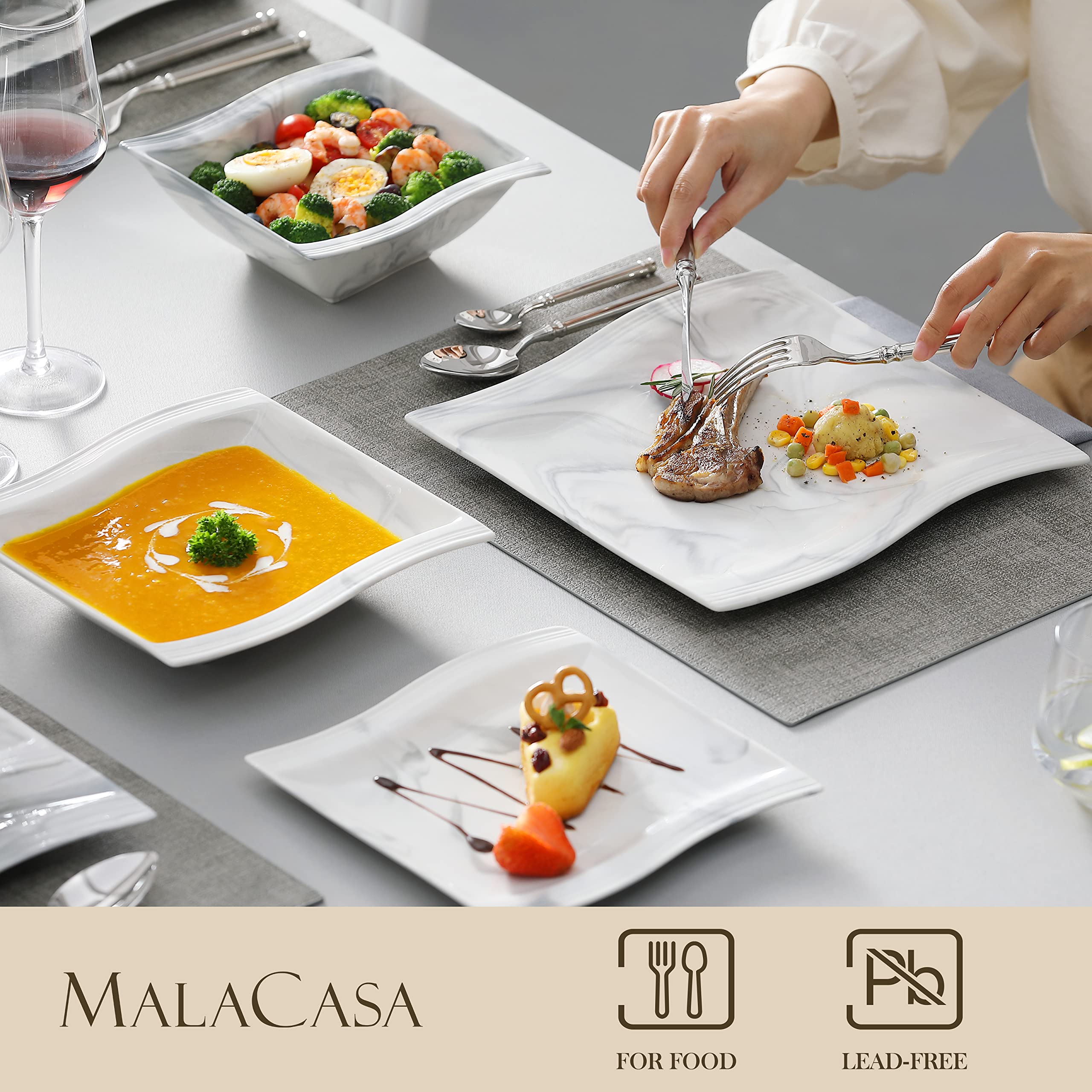 MALACASA Flora plato sopa cuadrado, mármol gris, servicio cómodo