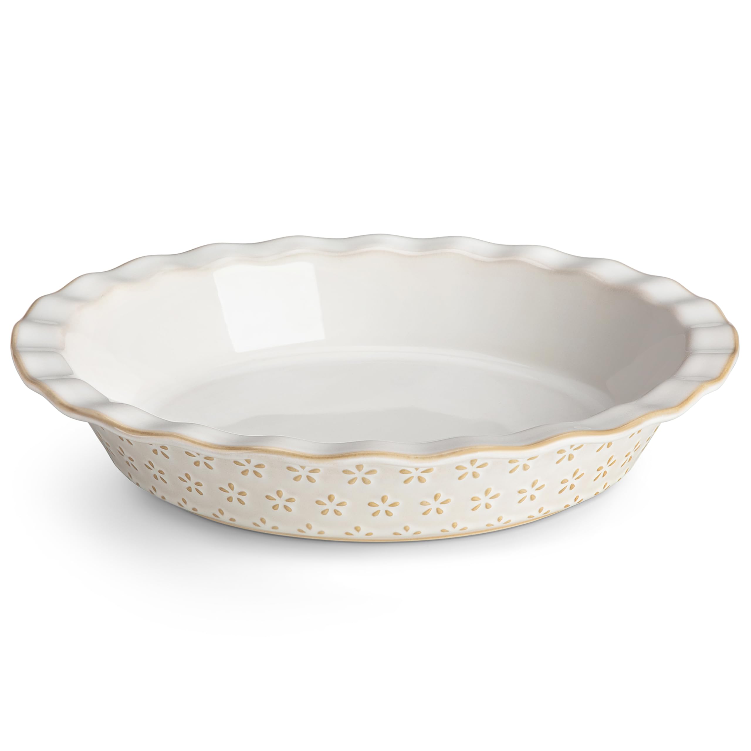 Malacasa Lydia Pie Pan con relieve floral y borde ondulado, ideal para tartas artesanales.