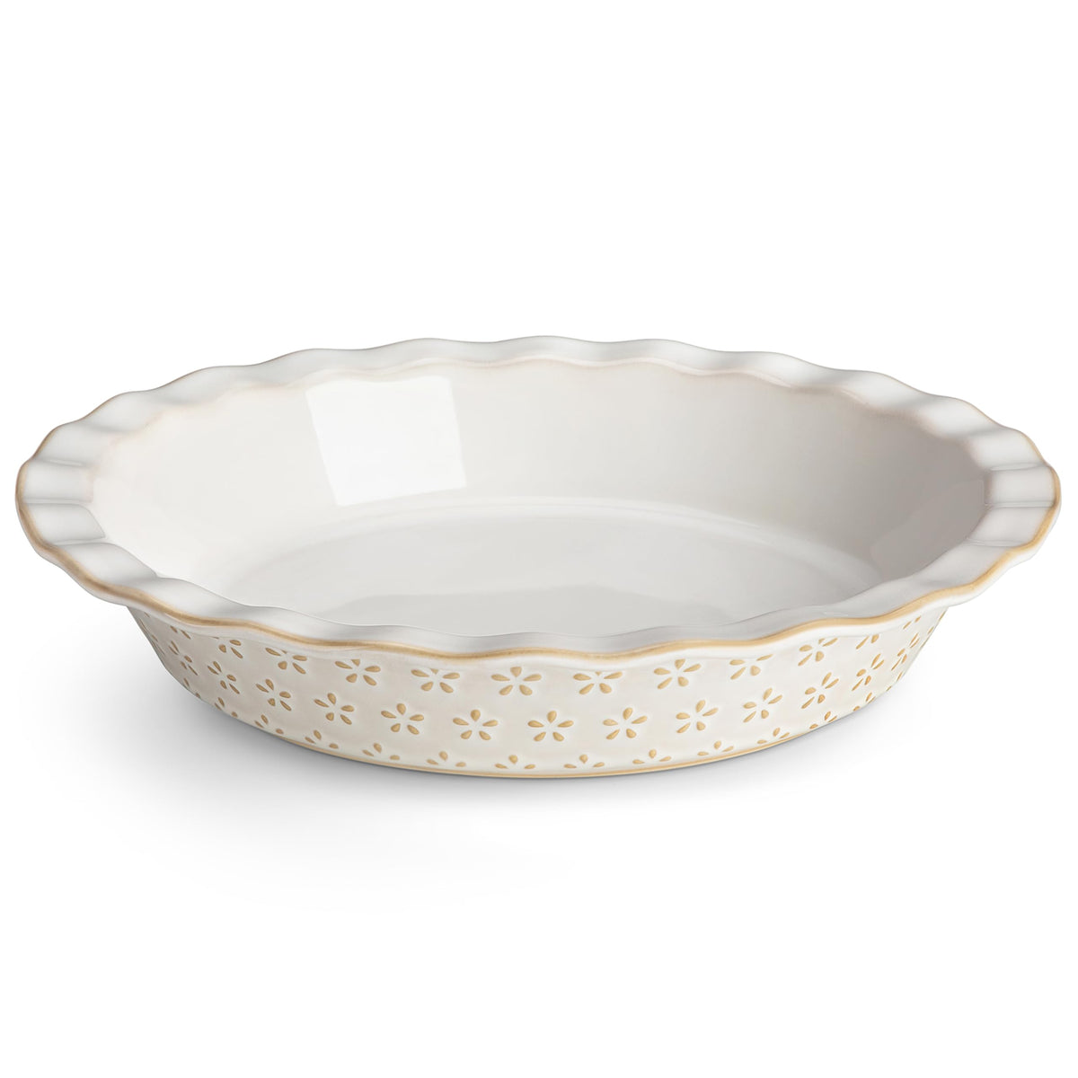 Malacasa Lydia Pie Pan con relieve floral y borde ondulado, ideal para tartas artesanales.